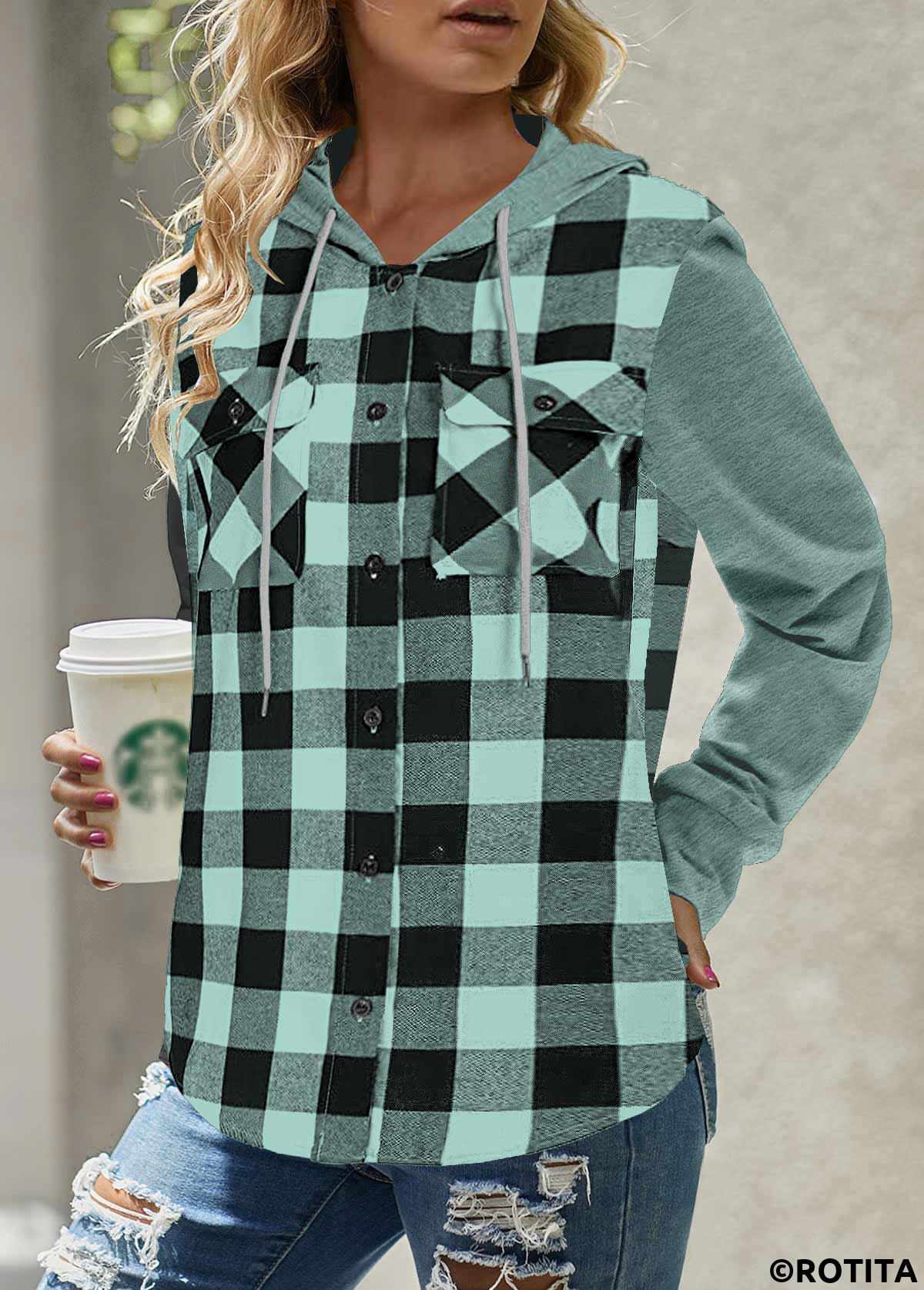 Mint Green tops,Plaid tops,Geometric tops,ROTITA Pocket Plaid Mint Green Long Sleeve Hoodie