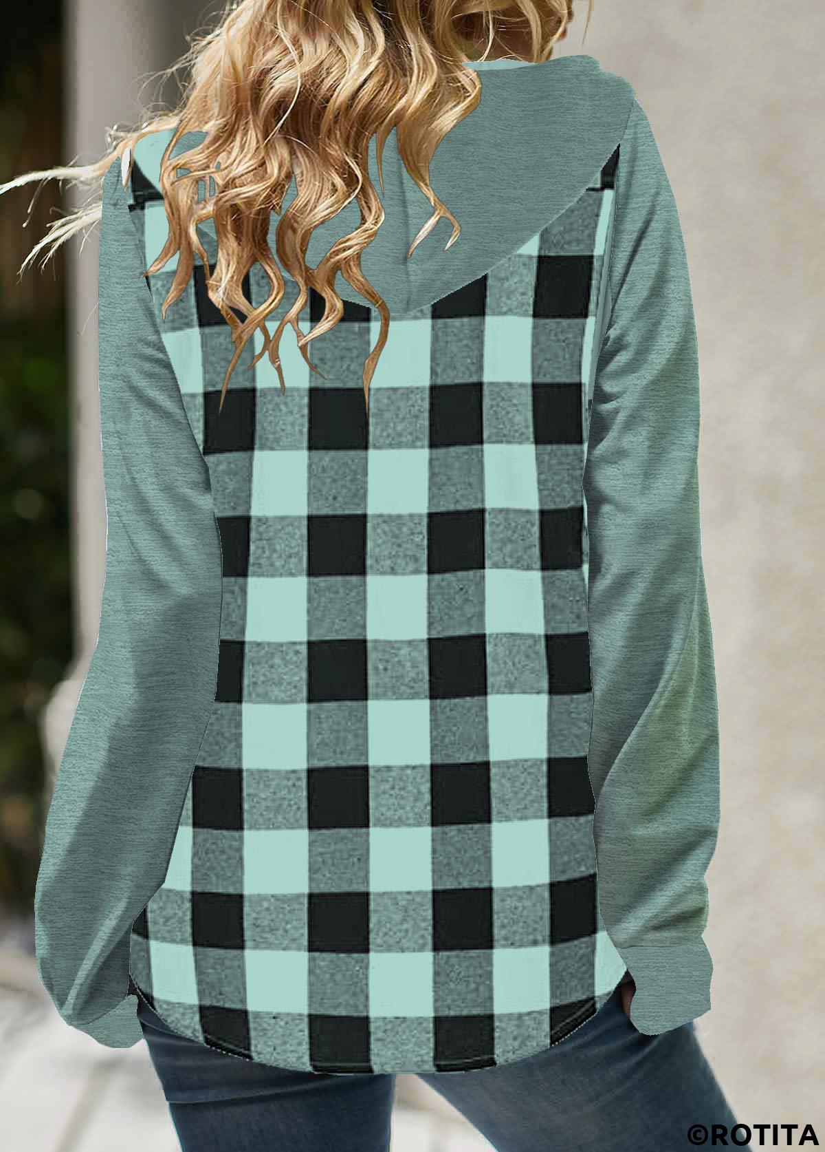 Mint Green tops,Plaid tops,Geometric tops,ROTITA Pocket Plaid Mint Green Long Sleeve Hoodie