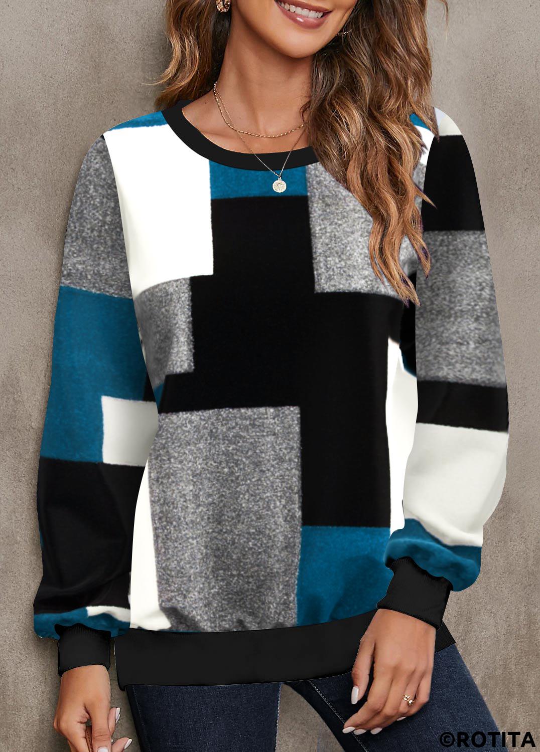 Multi Color tops,Geometric tops,ROTITA Geometric Print Multi Color Round Neck Sweatshirt