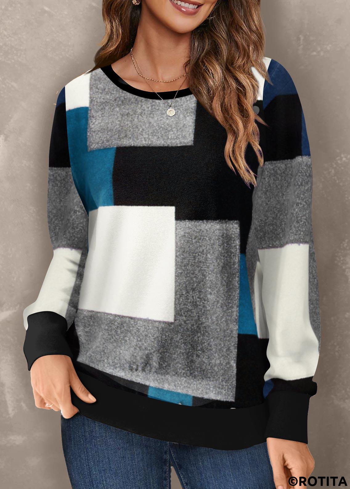 Multi Color tops,Geometric tops,ROTITA Geometric Print Multi Color Round Neck Sweatshirt