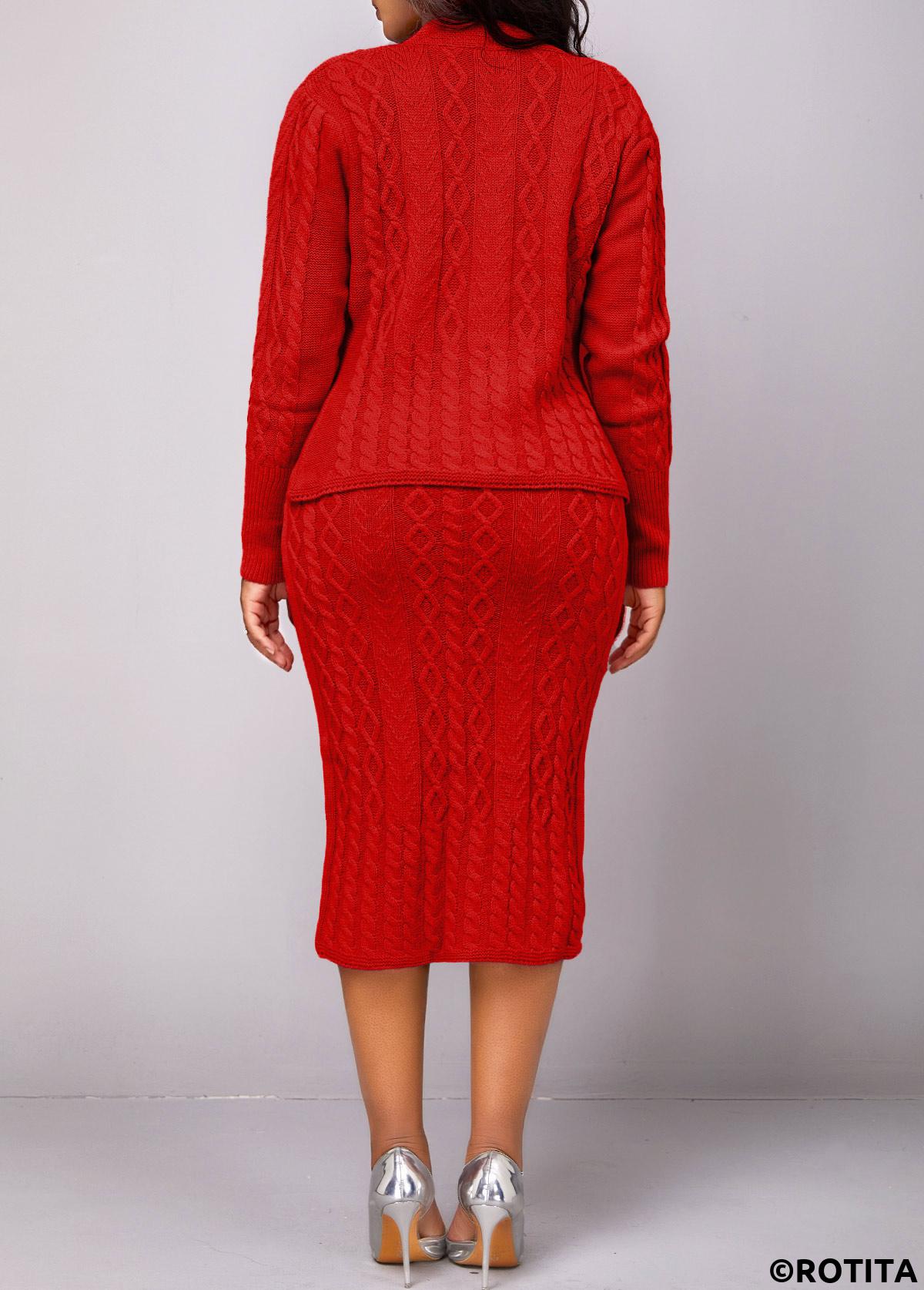 Red dresses,Plain Color dresses,Party dresses,Elegant dresses,ROTITA Button Long Sleeve Red Top and Skirt