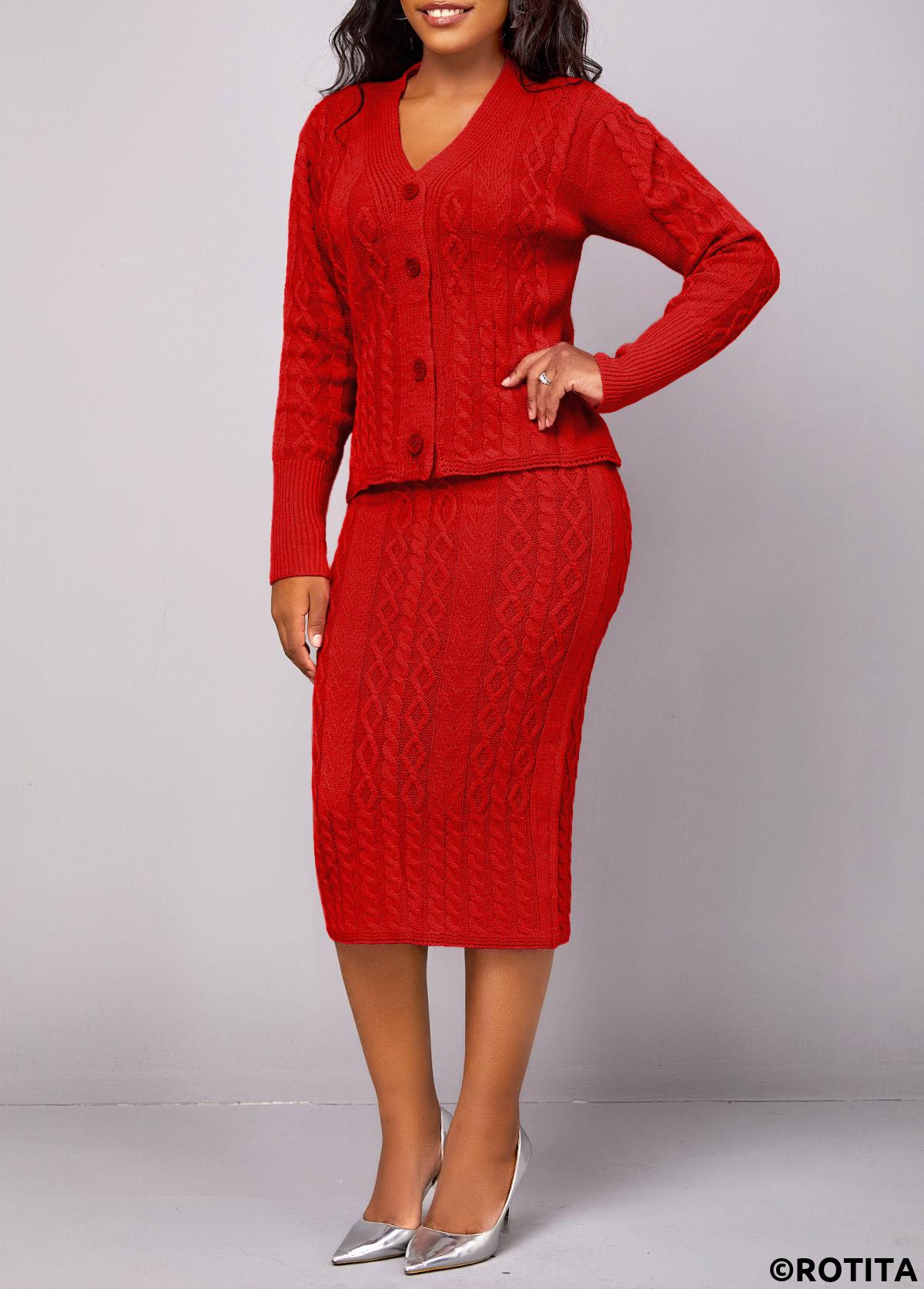 Red dresses,Plain Color dresses,Party dresses,Elegant dresses,ROTITA Button Long Sleeve Red Top and Skirt