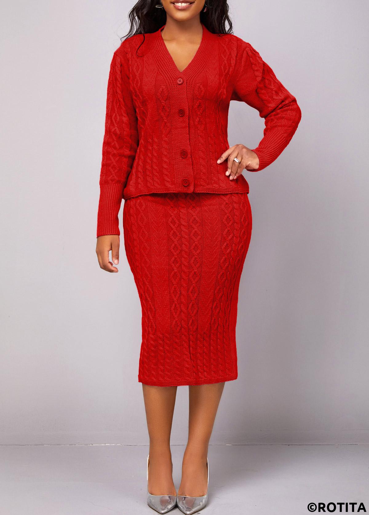 Red dresses,Plain Color dresses,Party dresses,Elegant dresses,ROTITA Button Long Sleeve Red Top and Skirt