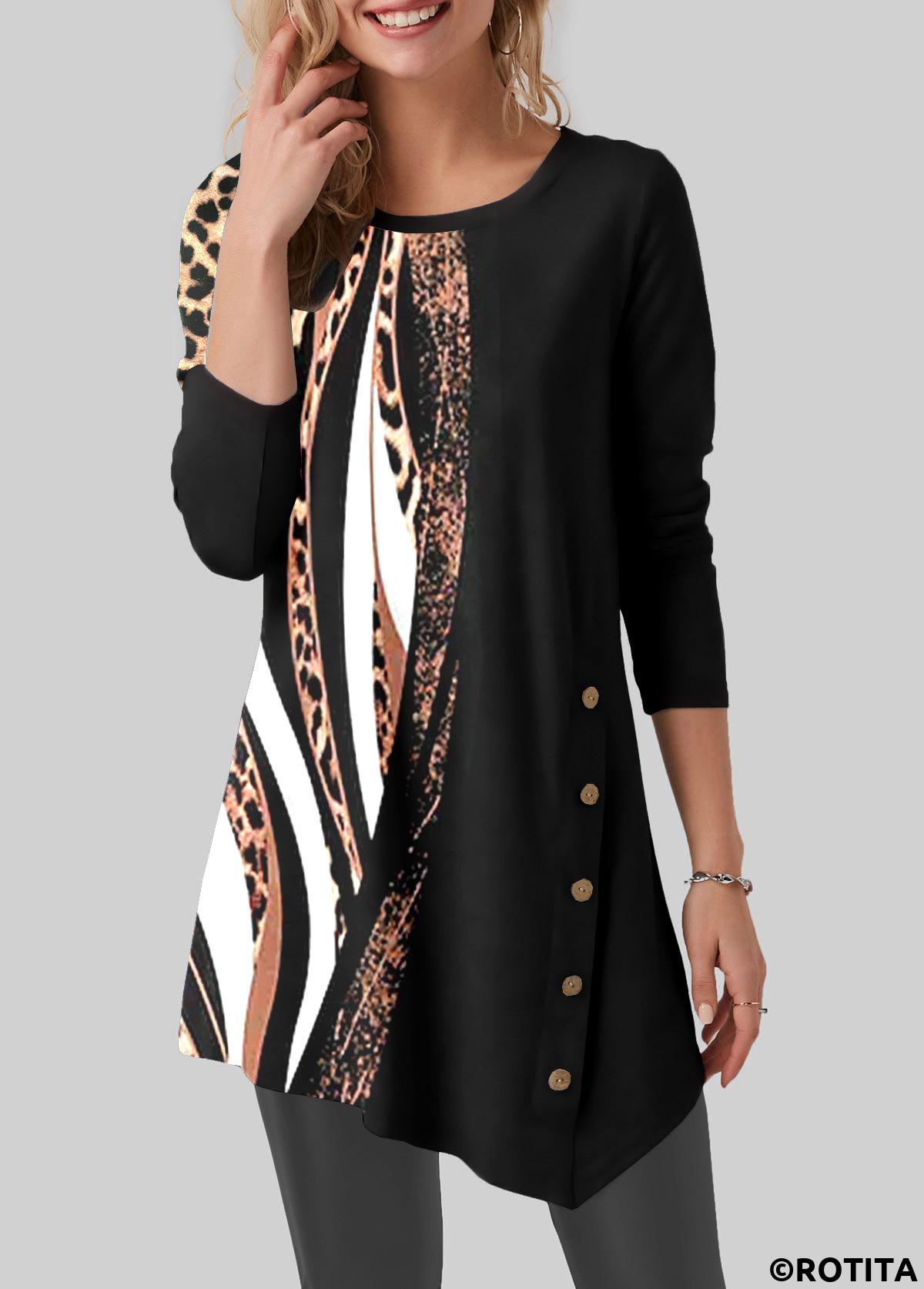Black tops,Leopard tops,Animal Print tops,ROTITA Leopard Black Round Neck Long Sleeve T Shirt