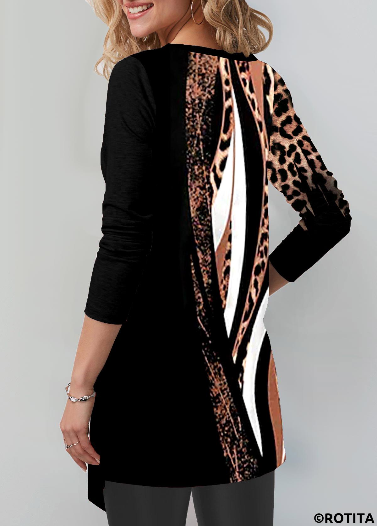 Black tops,Leopard tops,Animal Print tops,ROTITA Leopard Black Round Neck Long Sleeve T Shirt