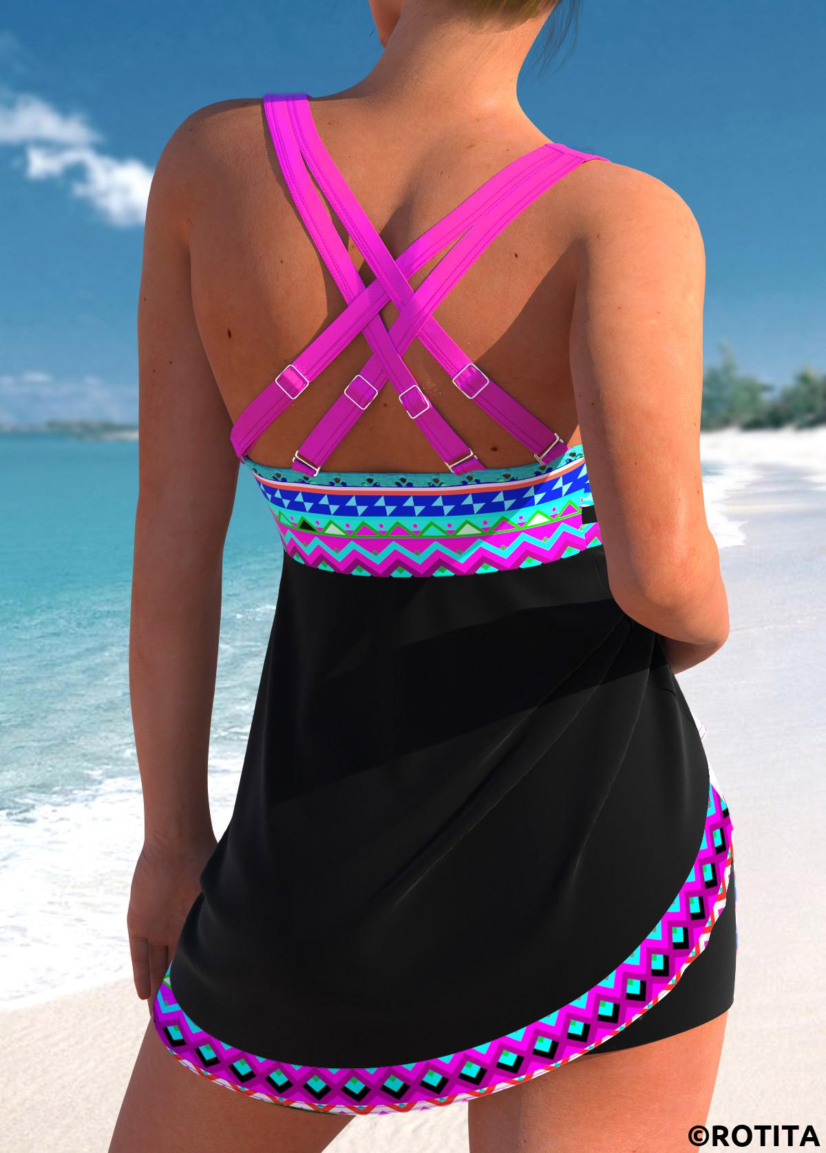 Neon Rose Red swimwear,Tribal swimwear,Geometric swimwear,Striped swimwear,Plaid swimwear,ROTITA Bowknot Neon Rose Red Swimdress Top