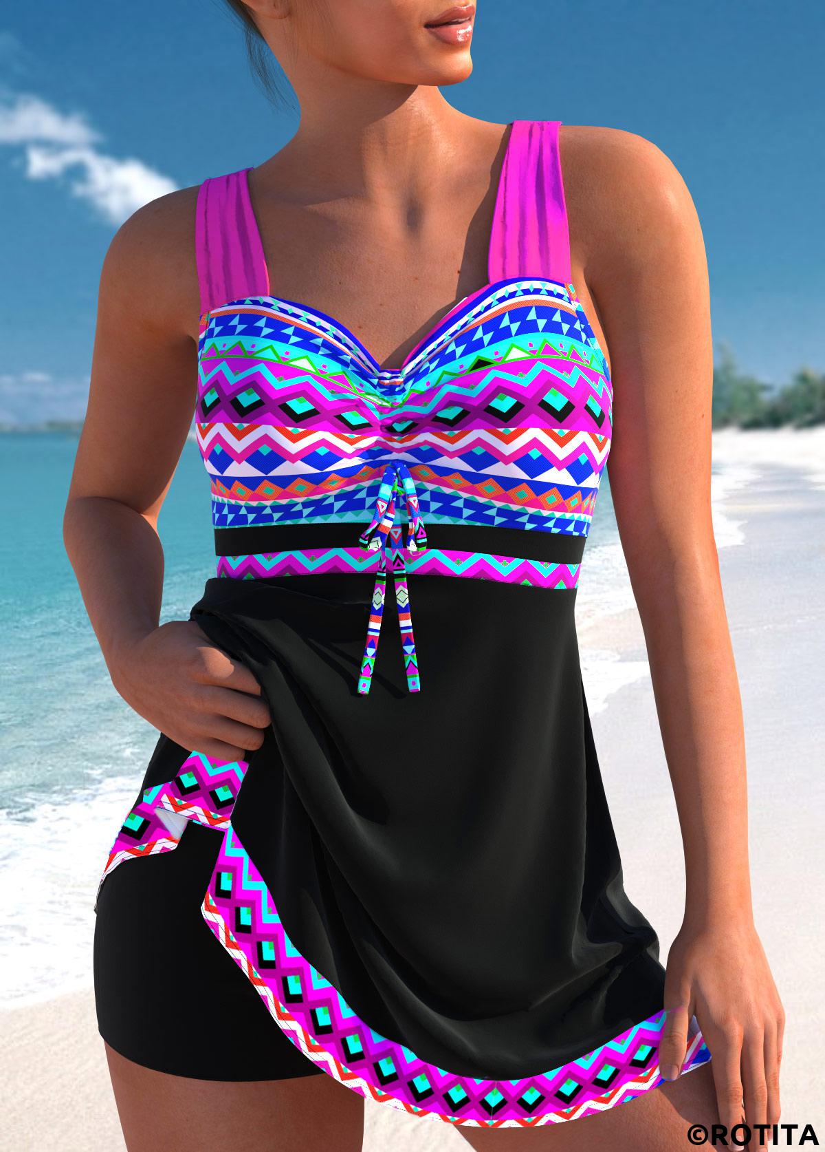 Neon Rose Red swimwear,Tribal swimwear,Geometric swimwear,Striped swimwear,Plaid swimwear,ROTITA Bowknot Neon Rose Red Swimdress Top