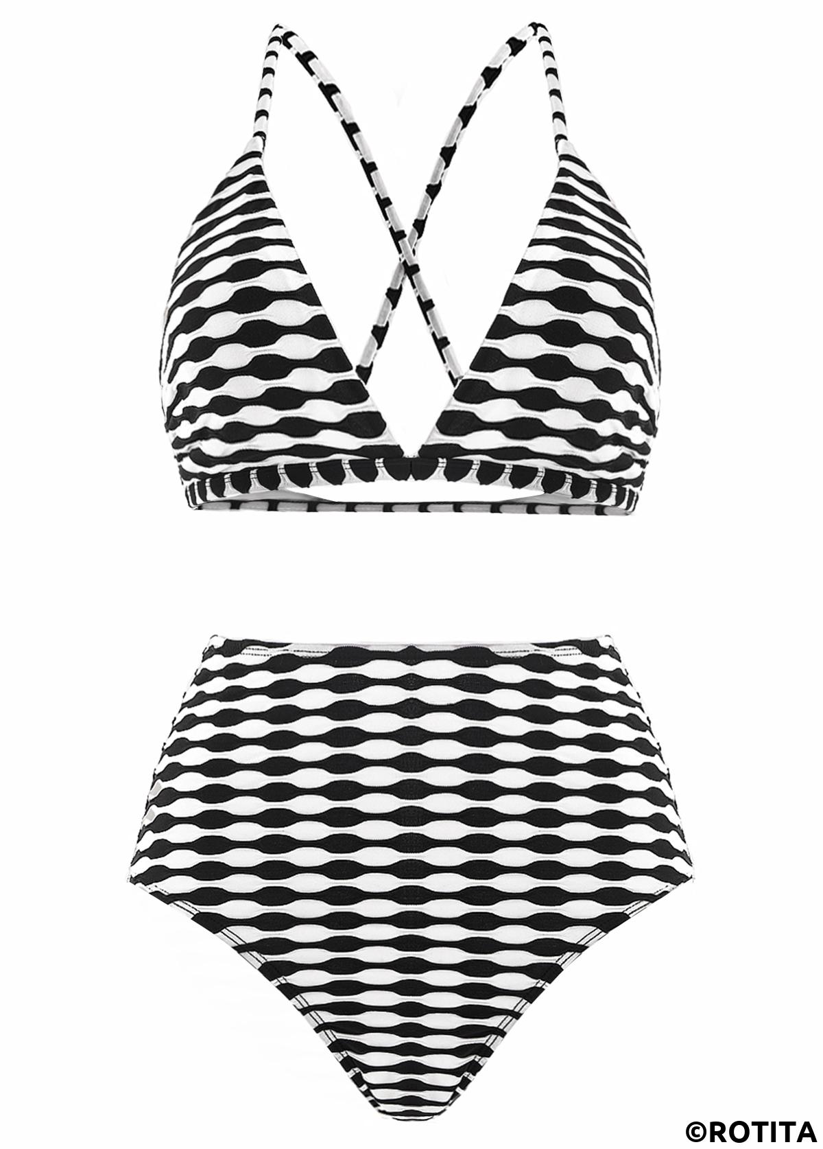 Black swimwear,White swimwear,Geometric swimwear,ROTITA Three-piece Black Geometric Print High Waisted Bikini Set