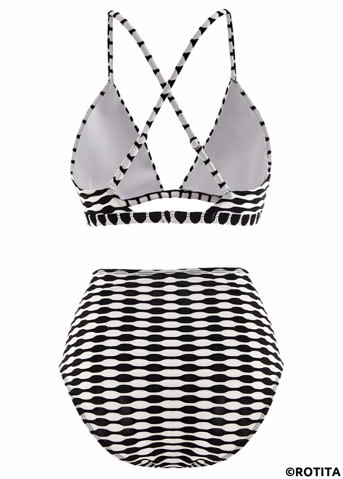 Black swimwear,White swimwear,Geometric swimwear,ROTITA Three-piece Black Geometric Print High Waisted Bikini Set