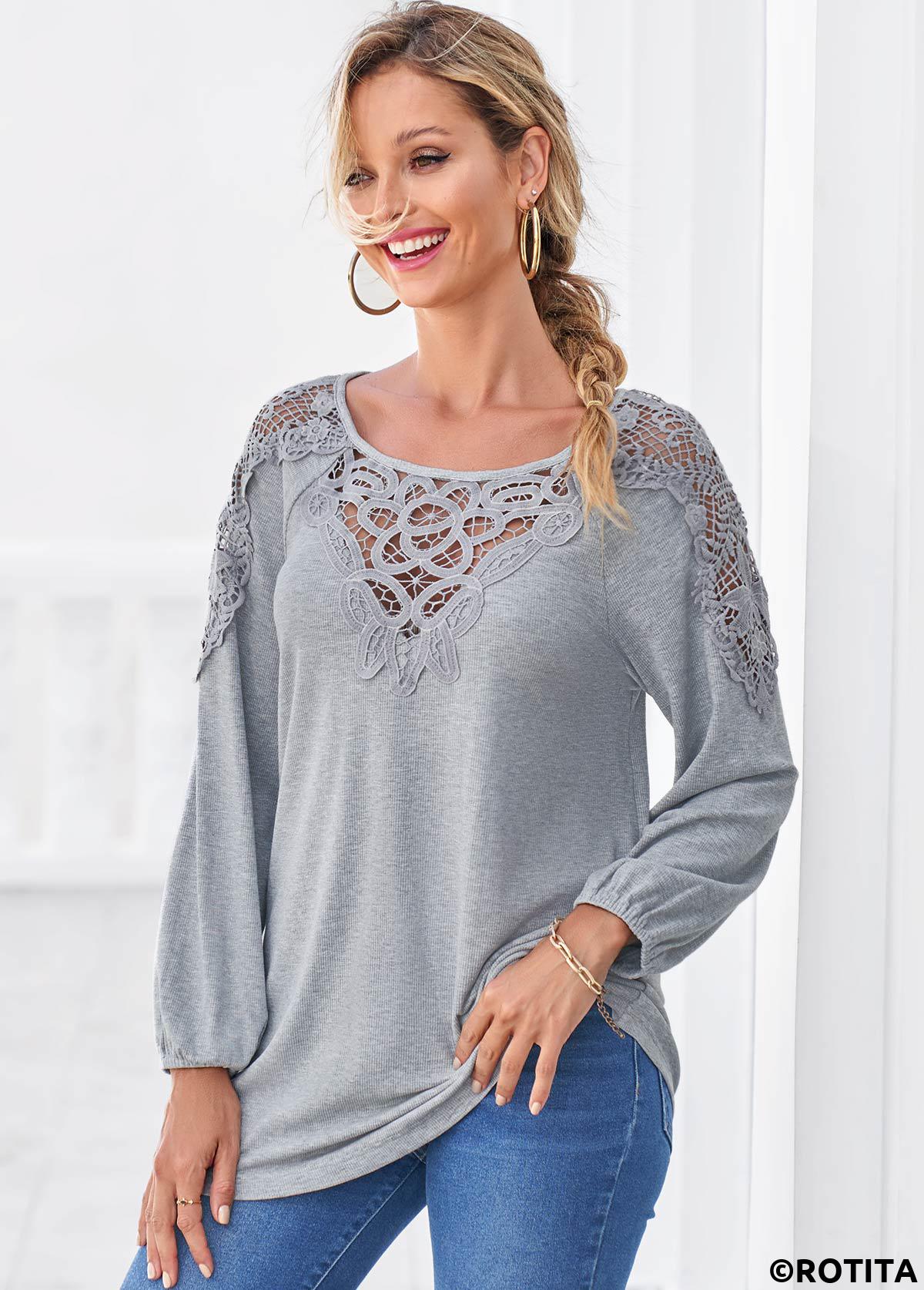 Light Grey Marl tops,Plain Color tops,ROTITA Grey Marl Lace Panel Long Sleeve T Shirt
