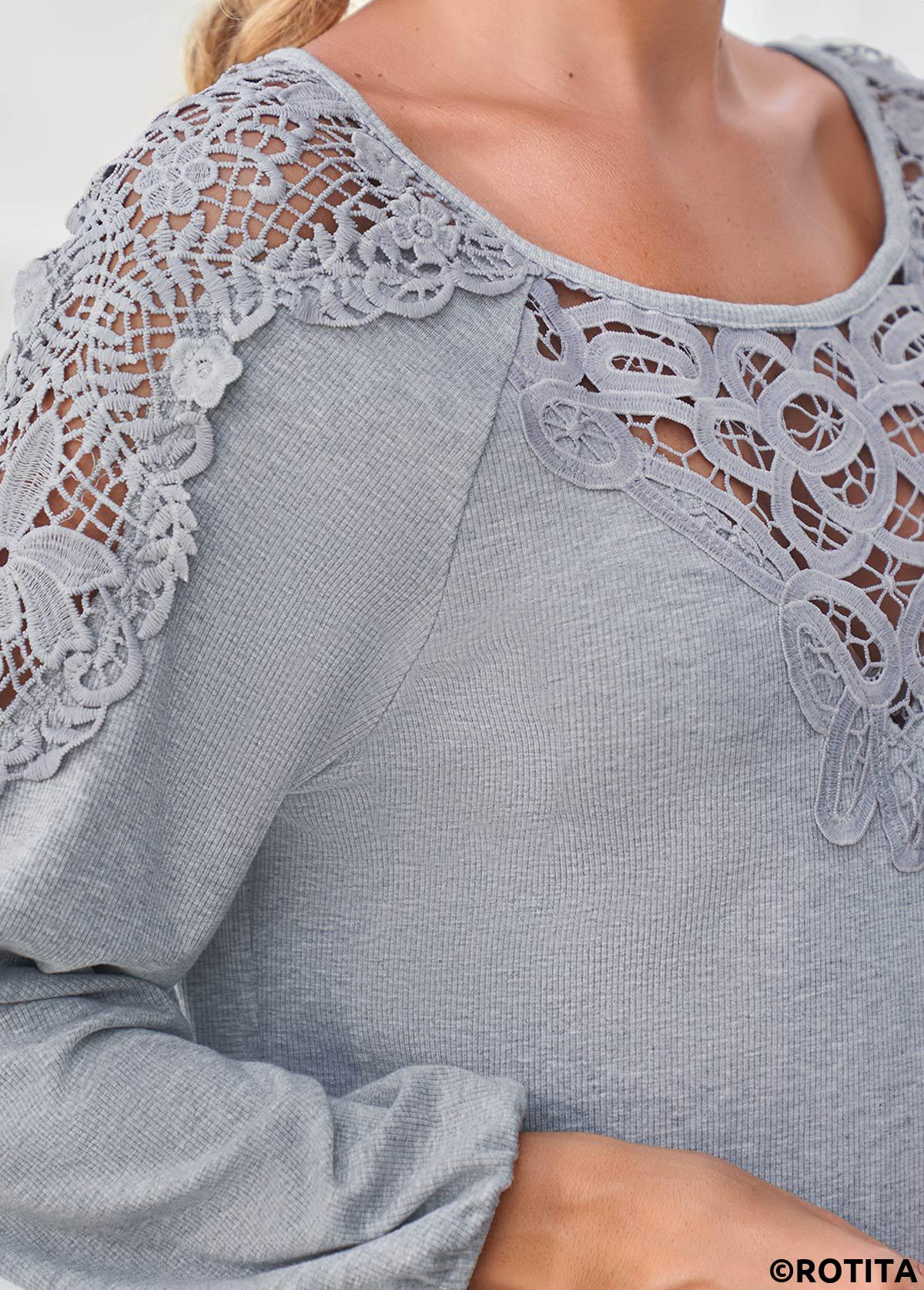 Light Grey Marl tops,Plain Color tops,ROTITA Grey Marl Lace Panel Long Sleeve T Shirt