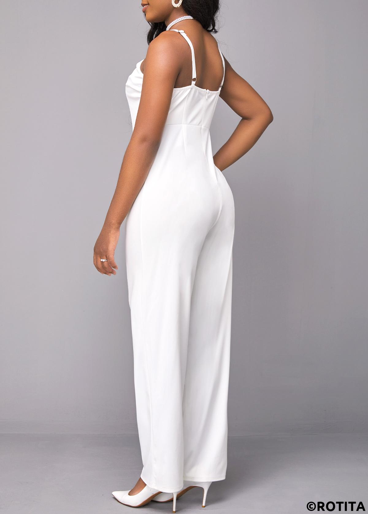 ROTITA Button White Long Straight Leg Lapel Jumpsuit Rotita USD 47.98