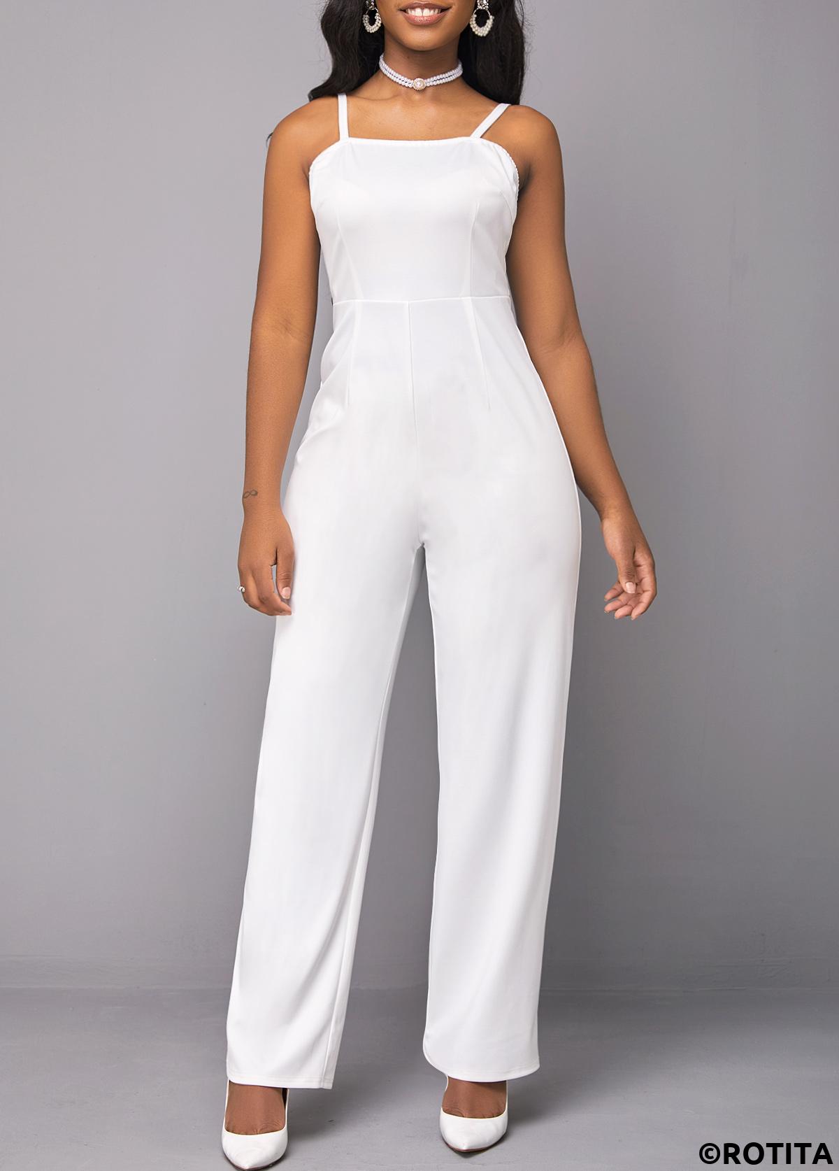 White jumpsuits&rompers,Plain Color jumpsuits&rompers,ROTITA Button White Long Straight Leg Lapel Jumpsuit