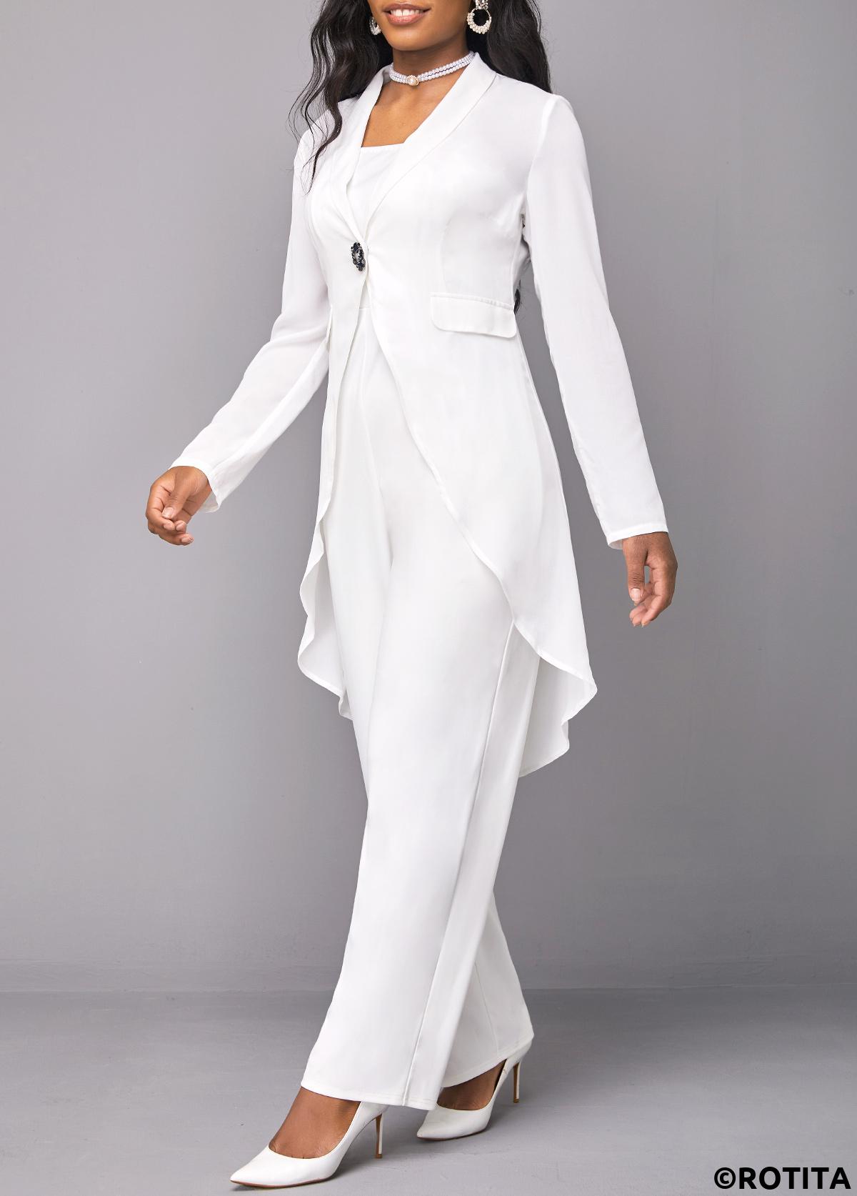 White jumpsuits&rompers,Plain Color jumpsuits&rompers,ROTITA Button White Long Straight Leg Lapel Jumpsuit