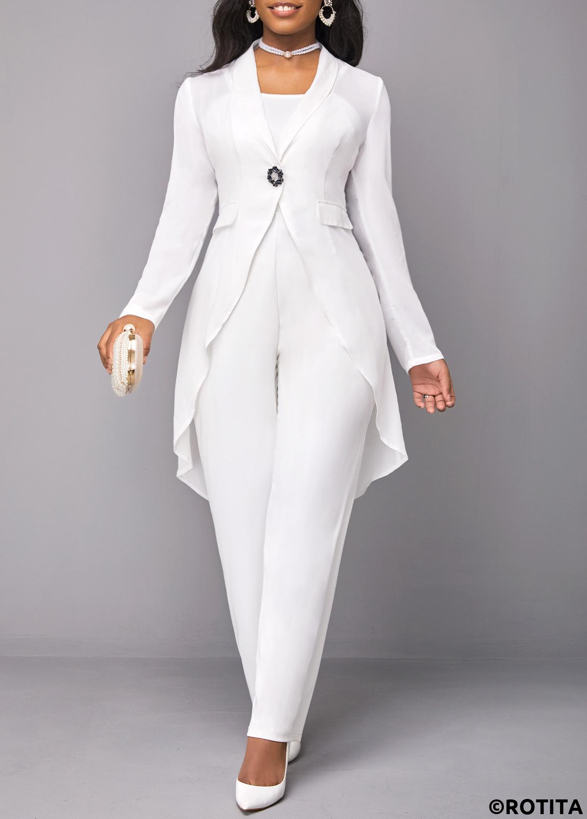 White jumpsuits&rompers,Plain Color jumpsuits&rompers,ROTITA Button White Long Straight Leg Lapel Jumpsuit