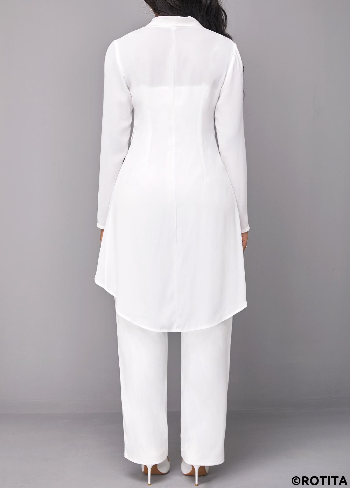 White jumpsuits&rompers,Plain Color jumpsuits&rompers,ROTITA Button White Long Straight Leg Lapel Jumpsuit