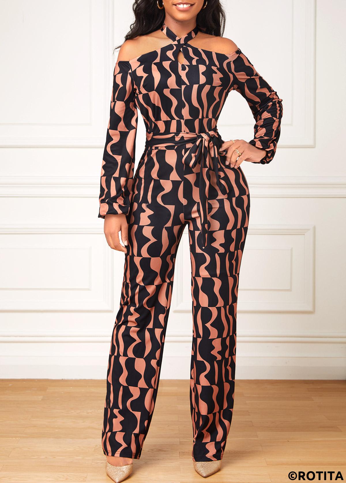 Dark Coffee jumpsuits&rompers,Black jumpsuits&rompers,Geometric jumpsuits&rompers,Cut Out Geometric Print Dark Coffee Belted Jumpsuit