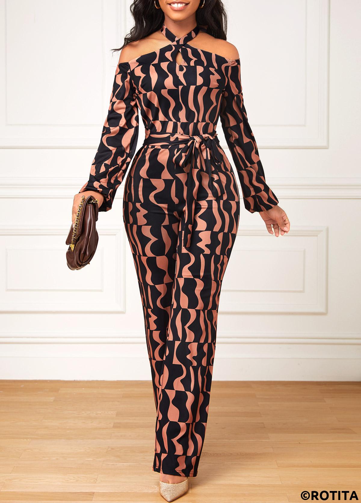 Dark Coffee jumpsuits&rompers,Black jumpsuits&rompers,Geometric jumpsuits&rompers,Cut Out Geometric Print Dark Coffee Belted Jumpsuit
