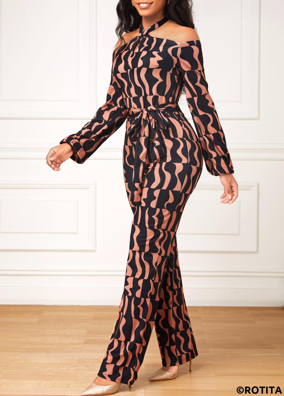 Dark Coffee jumpsuits&rompers,Black jumpsuits&rompers,Geometric jumpsuits&rompers,Cut Out Geometric Print Dark Coffee Belted Jumpsuit