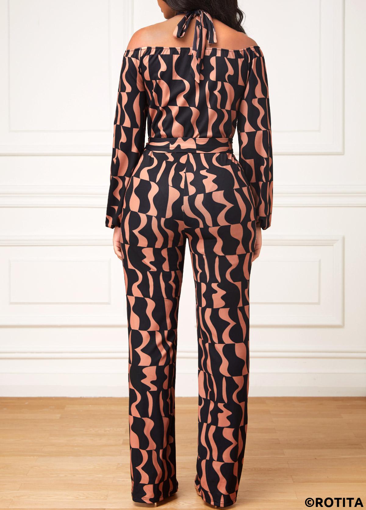 Dark Coffee jumpsuits&rompers,Black jumpsuits&rompers,Geometric jumpsuits&rompers,Cut Out Geometric Print Dark Coffee Belted Jumpsuit