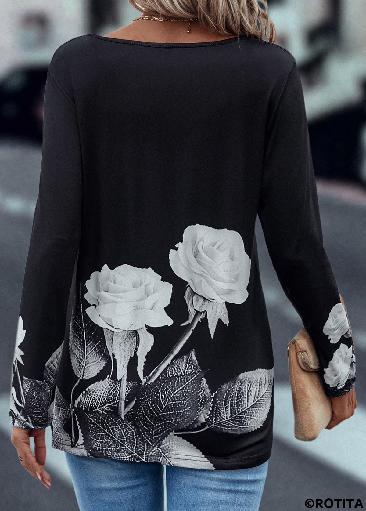 Zipper Floral Print Black Round Neck T Shirt