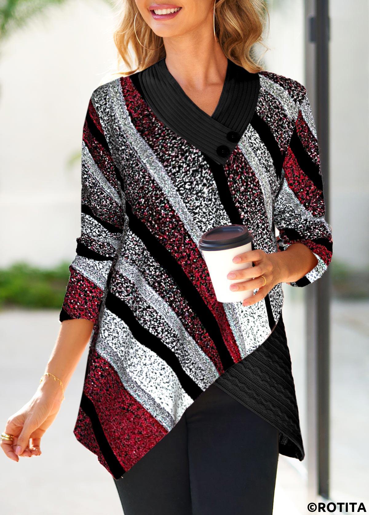 Multi Color tops,Geometric tops,Striped tops,ROTITA Cross Hem Geometric Print Multi Color Sweatshirt