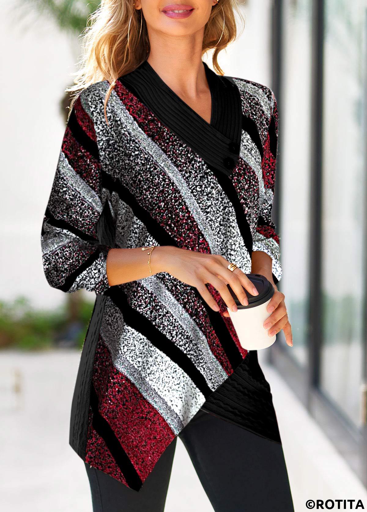 Multi Color tops,Geometric tops,Striped tops,ROTITA Cross Hem Geometric Print Multi Color Sweatshirt