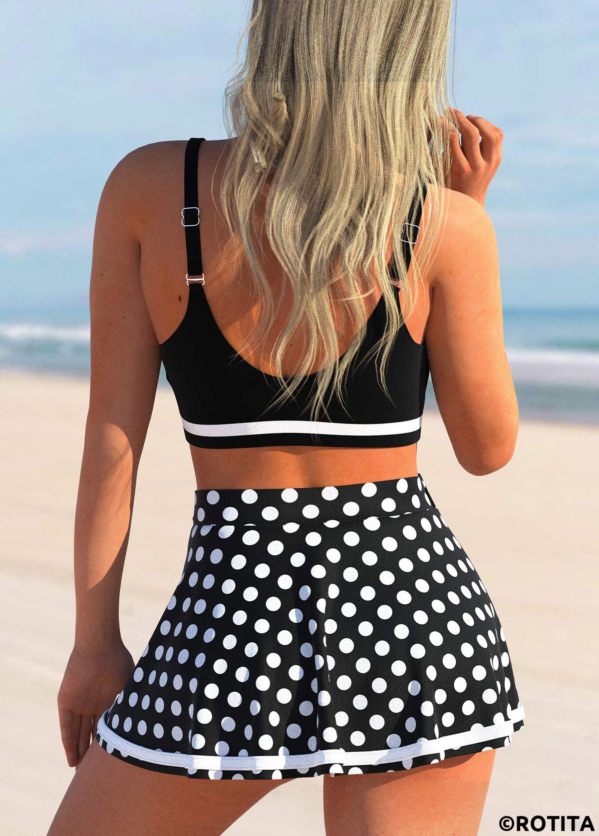 Black swimwear,Dot swimwear,ROTITA Cut Out Black Polka Dot Bikini Top