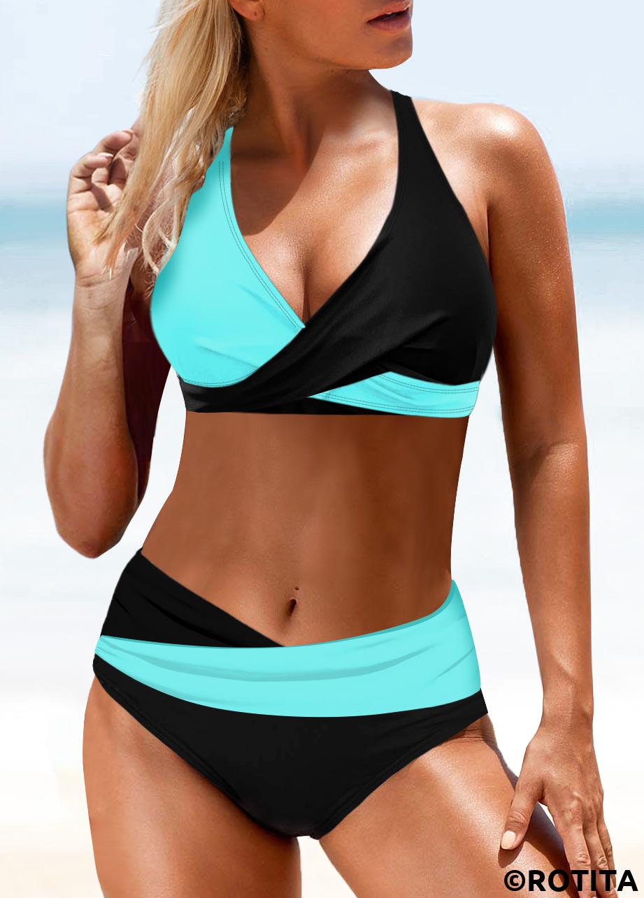 Cyan swimwear,Contrast Color swimwear,ROTITA Black Stretch Mid Waisted Bikini Bottom