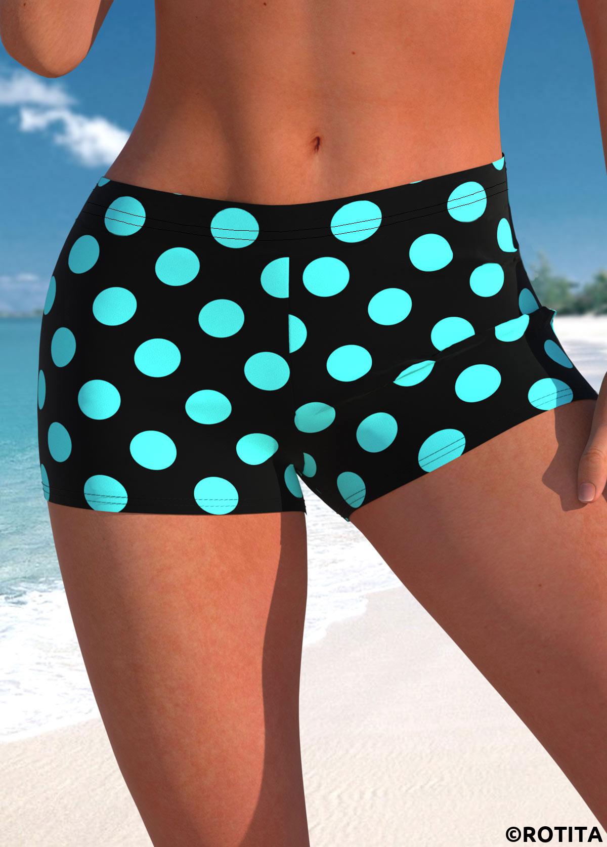 Cyan swimwear,Black swimwear,Dot swimwear,ROTITA Cyan Polka Dot Mid Waisted Swim Shorts