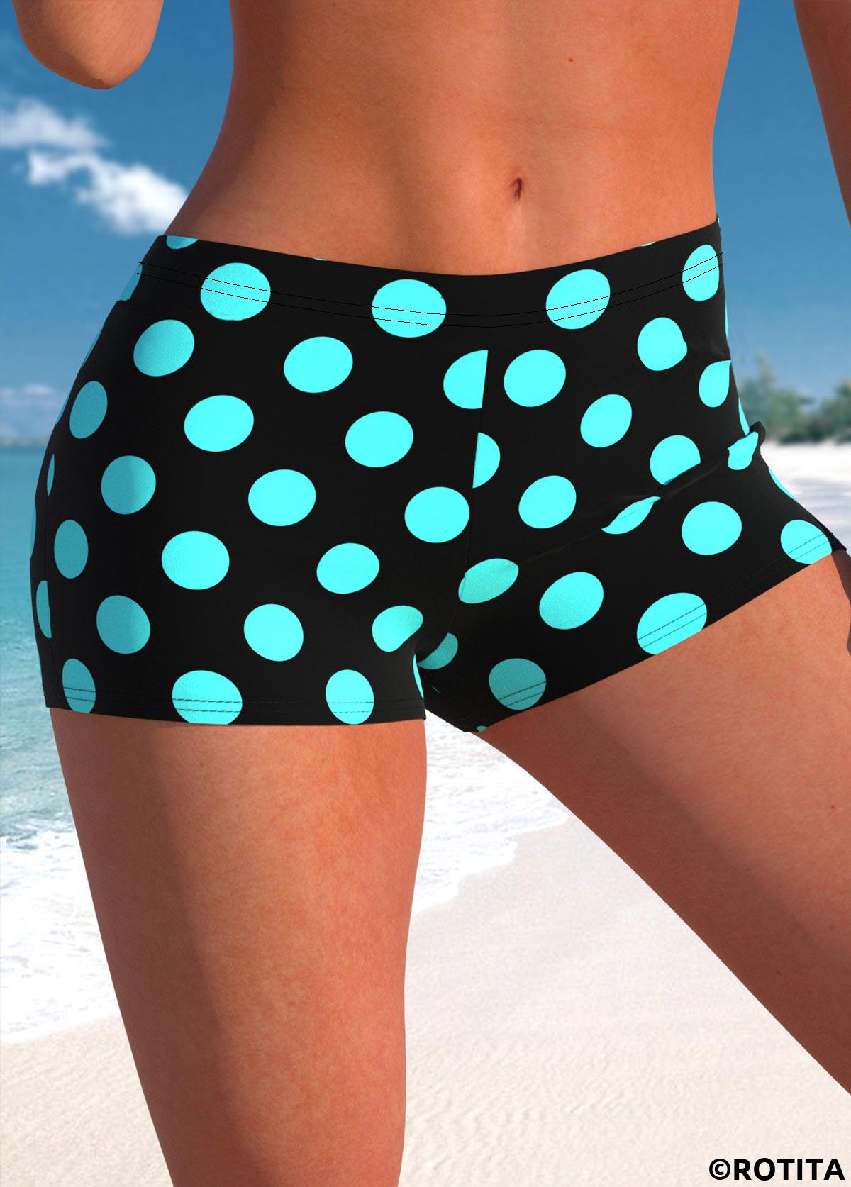 Cyan swimwear,Black swimwear,Dot swimwear,ROTITA Cyan Polka Dot Mid Waisted Swim Shorts
