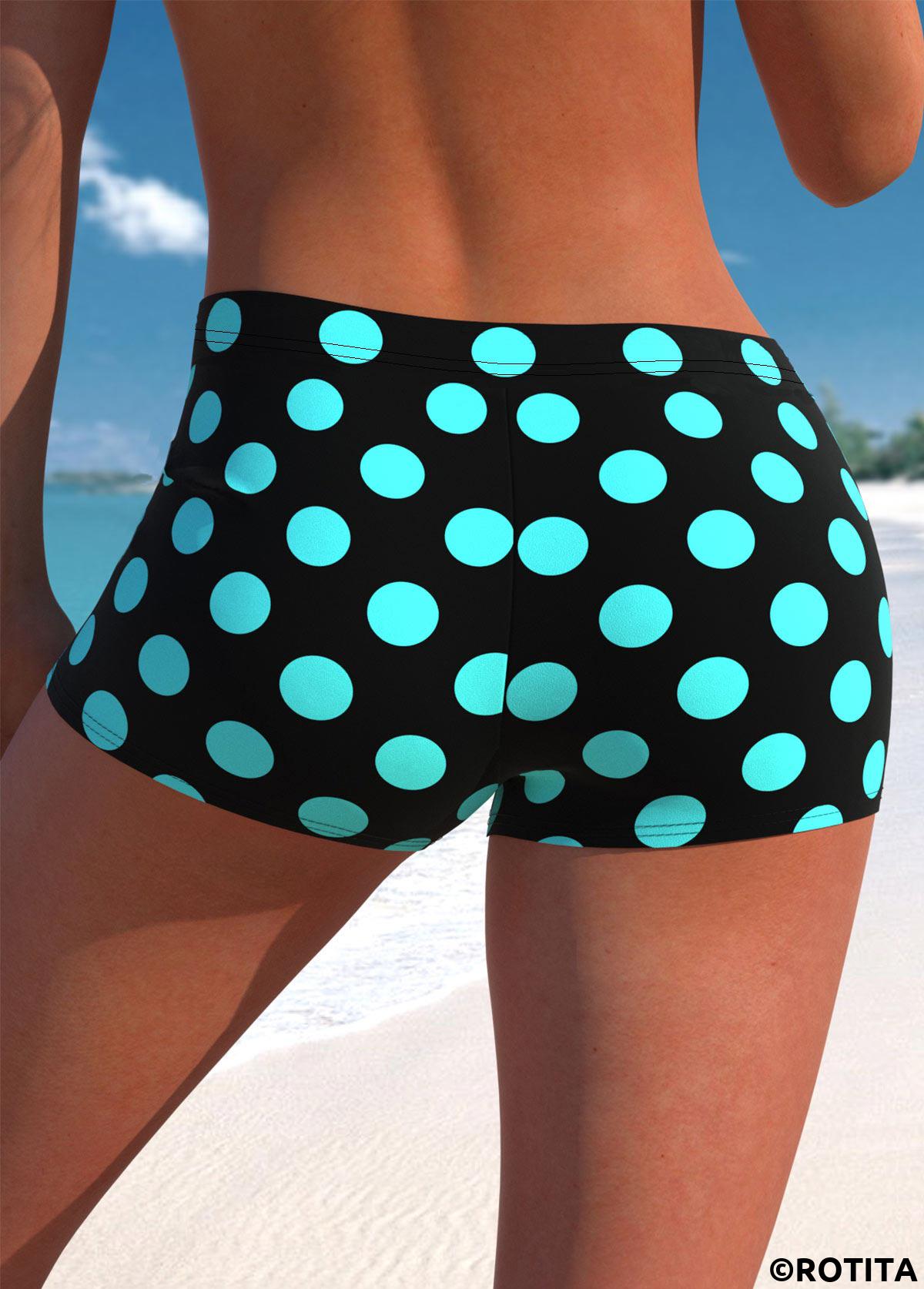 Cyan swimwear,Black swimwear,Dot swimwear,ROTITA Cyan Polka Dot Mid Waisted Swim Shorts