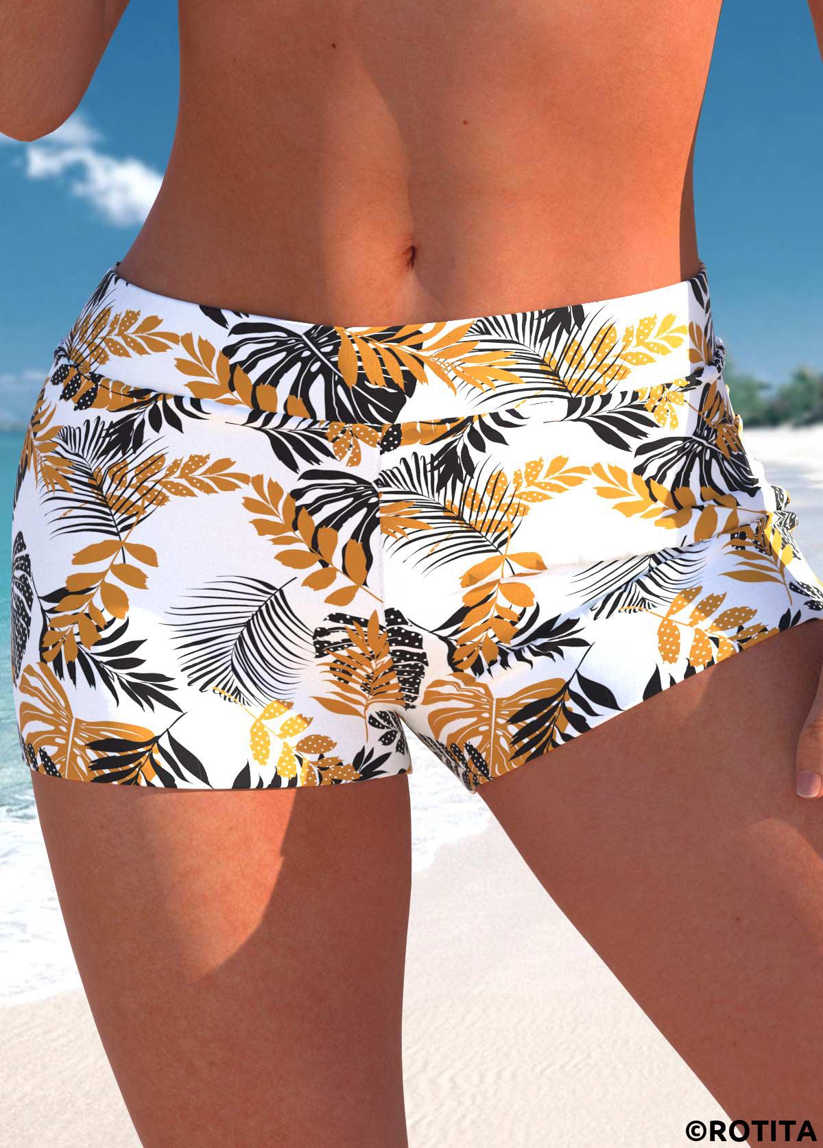 White swimwear,Plants swimwear,ROTITA White Leaf Print High Waisted Swim Shorts