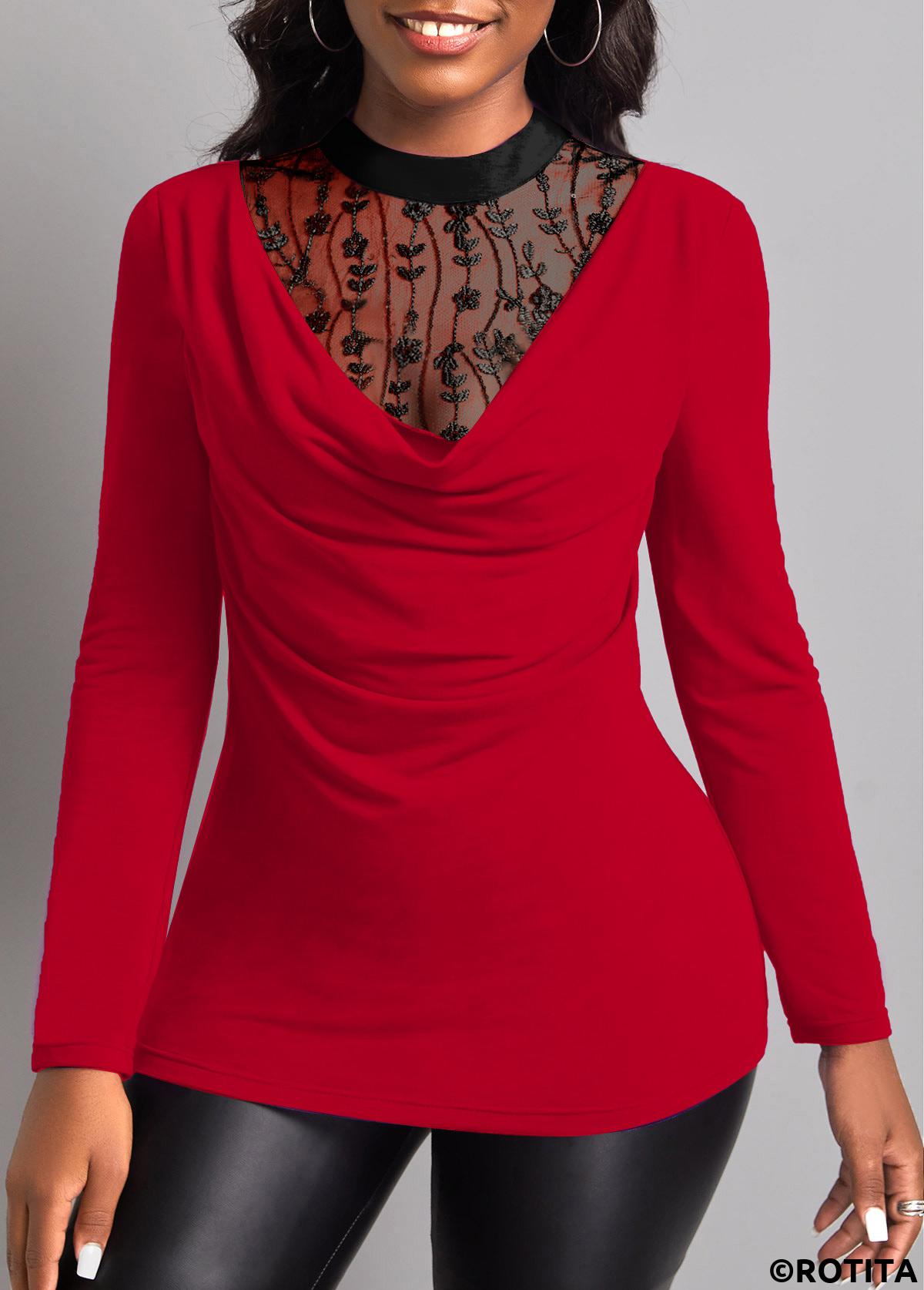 Red tops,Contrast Color tops,ROTITA Lace Stitching Red Fake 2in1 T Shirt