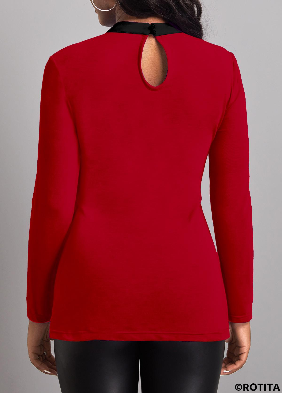 Red tops,Contrast Color tops,ROTITA Lace Stitching Red Fake 2in1 T Shirt