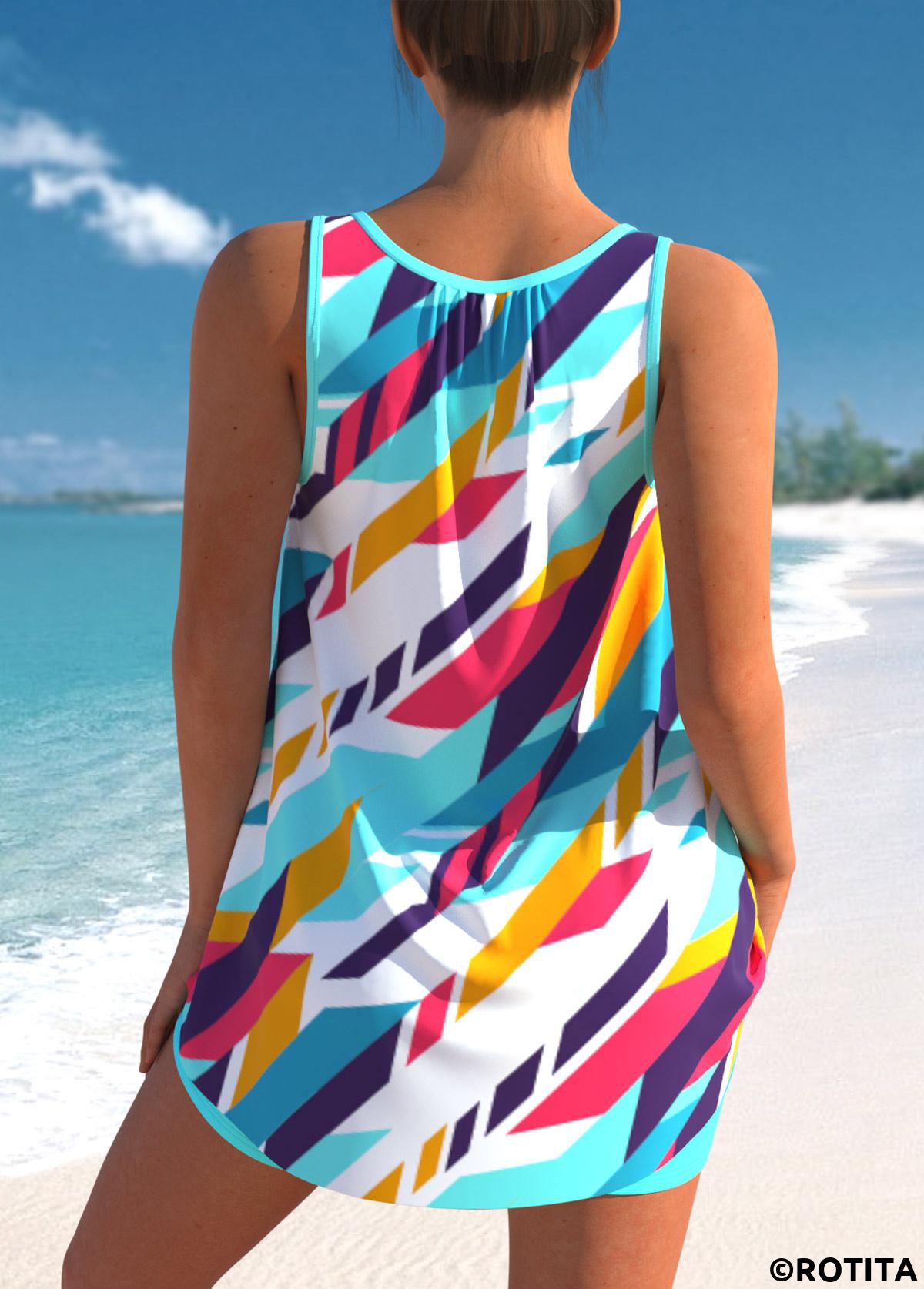 Cyan swimwear,Geometric swimwear,ROTITA Bowknot Cyan Geometric Print Tankini Top