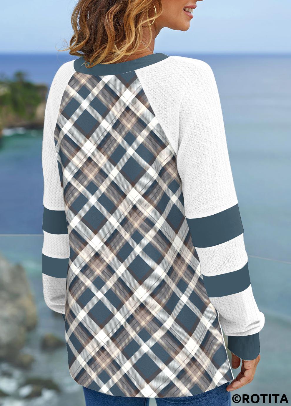 Multi Color tops,Plaid tops,Striped tops,ROTITA Patchwork Plaid Multi Color Split Neck Sweatshirt