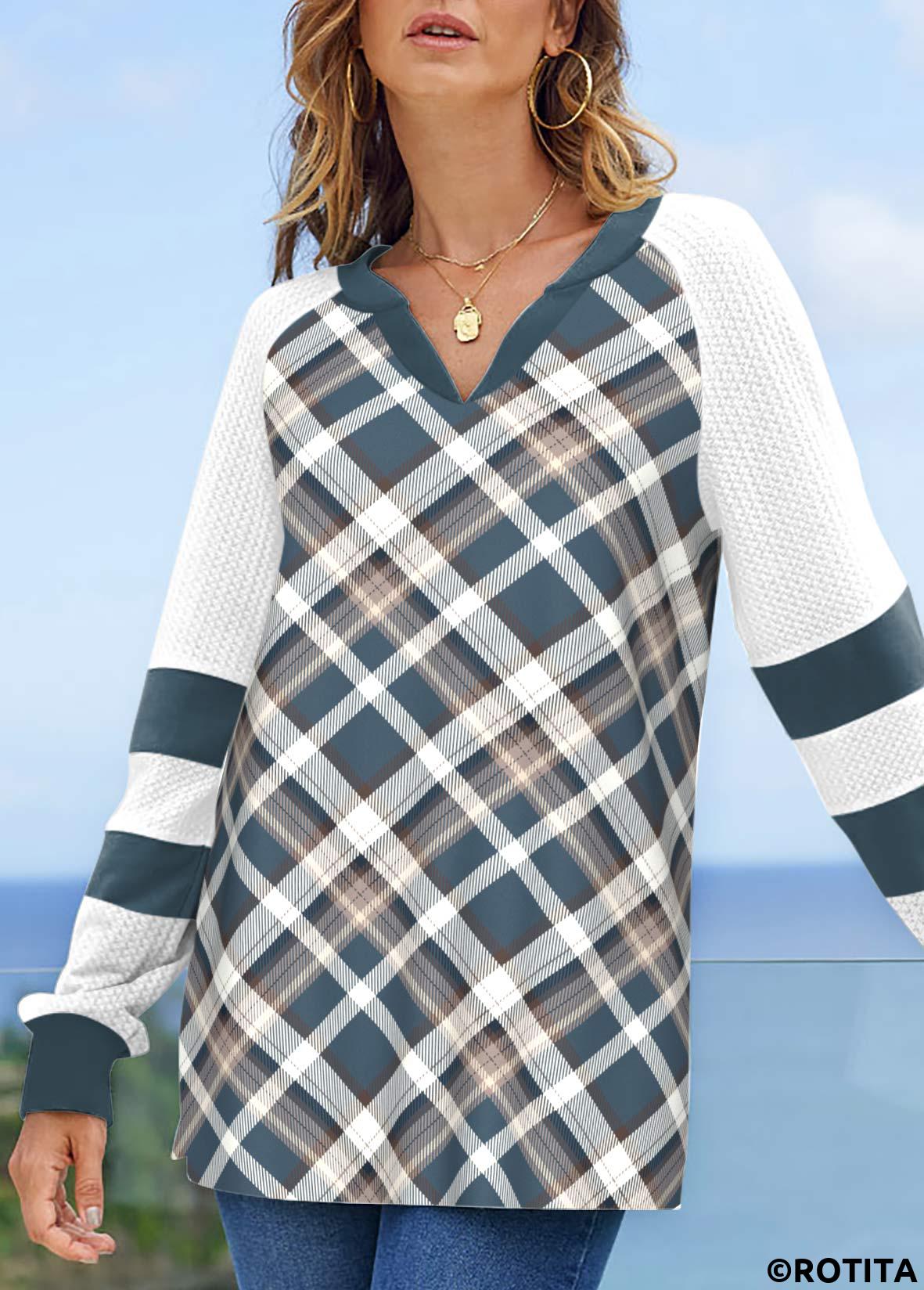 Multi Color tops,Plaid tops,Striped tops,ROTITA Patchwork Plaid Multi Color Split Neck Sweatshirt