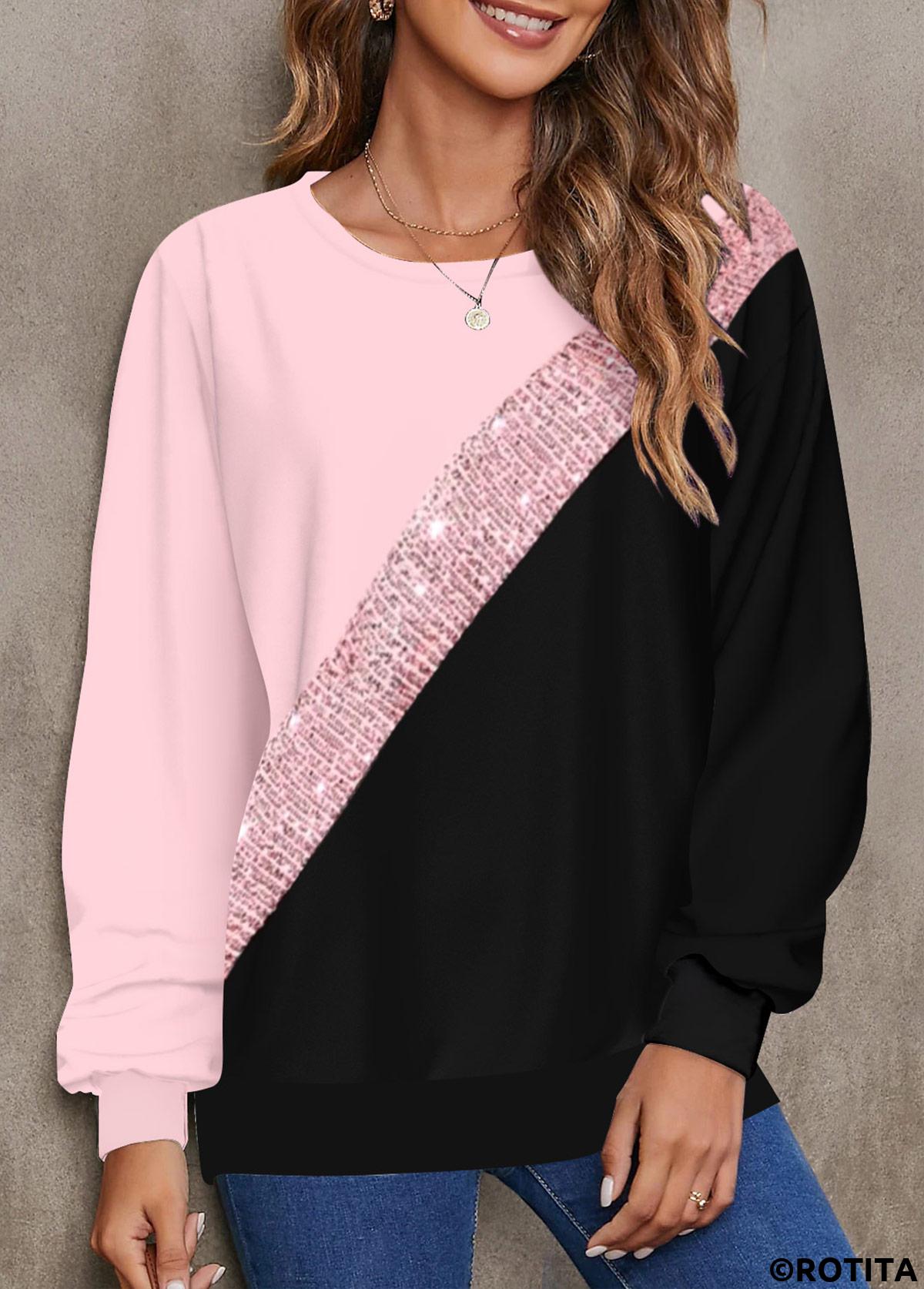 Pink tops,Contrast Color tops,ROTITA Patchwork Pink Round Neck Long Sleeve Sweatshirt