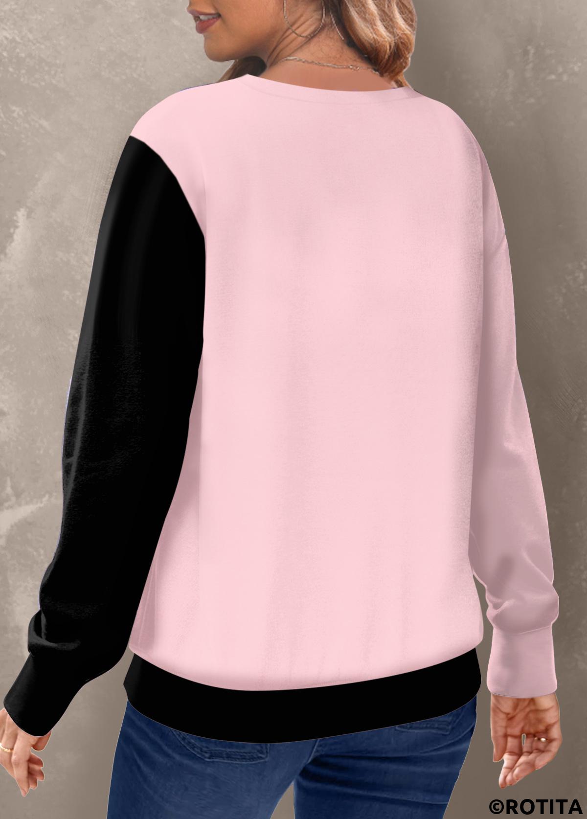 Pink tops,Contrast Color tops,ROTITA Patchwork Pink Round Neck Long Sleeve Sweatshirt