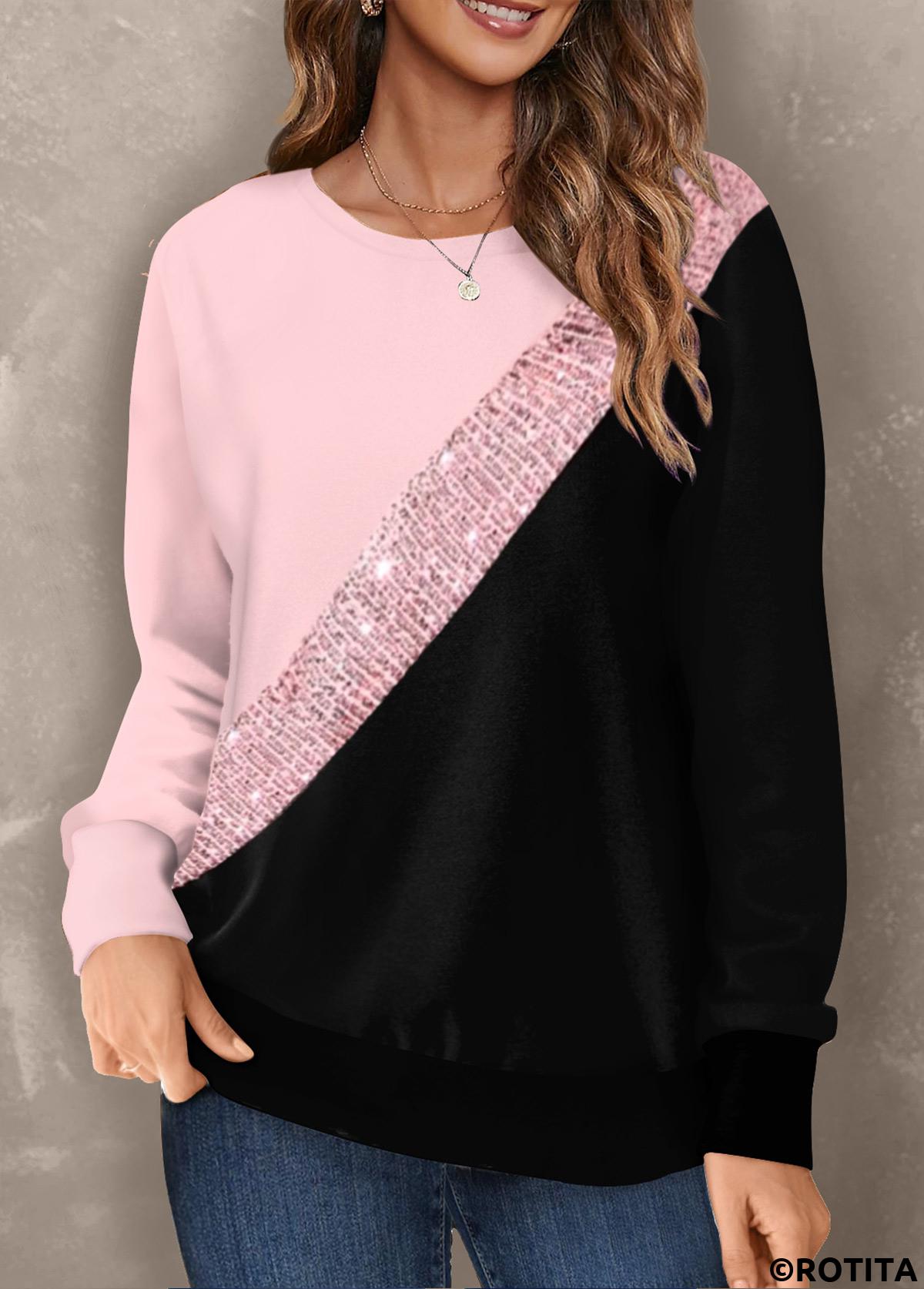 Pink tops,Contrast Color tops,ROTITA Patchwork Pink Round Neck Long Sleeve Sweatshirt