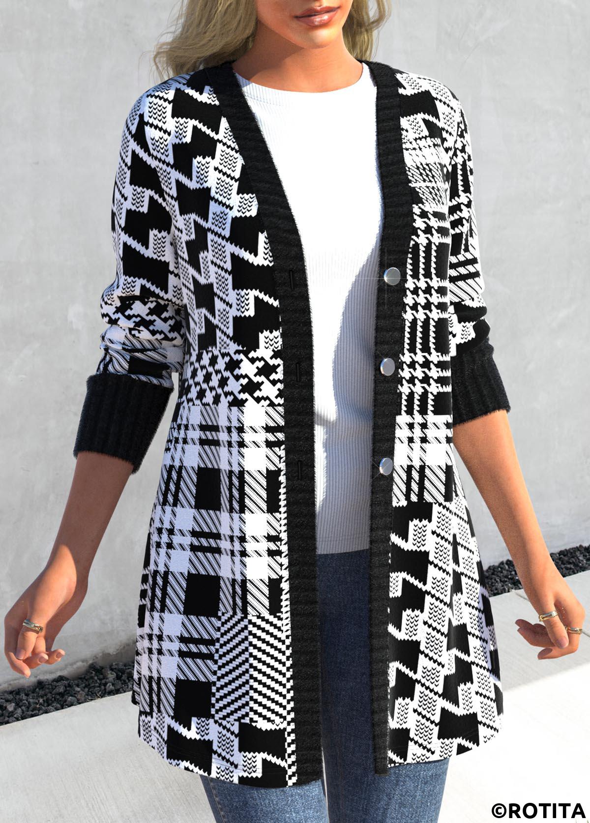 Black tops,Geometric tops,Houndstooth tops,Striped tops,Plaid tops,ROTITA Button Geometric Print Black Long Sleeve Coat
