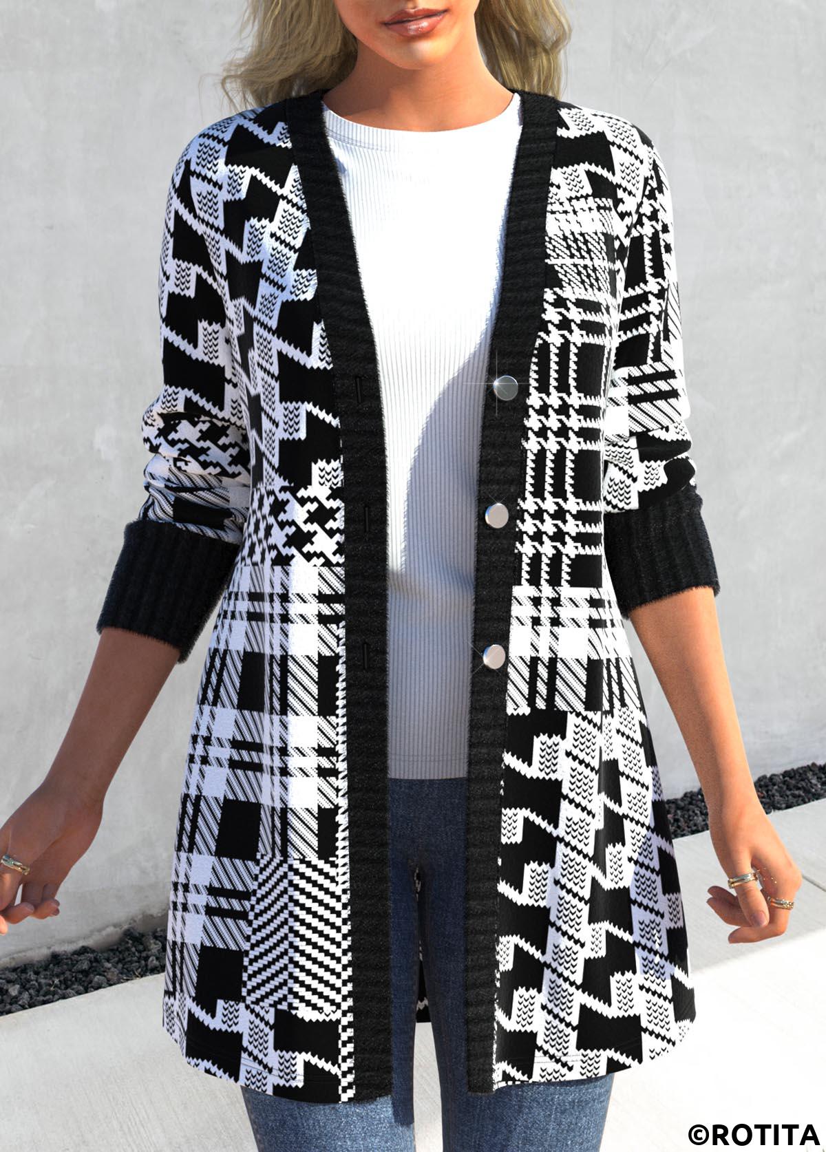 Black tops,Geometric tops,Houndstooth tops,Striped tops,Plaid tops,ROTITA Button Geometric Print Black Long Sleeve Coat