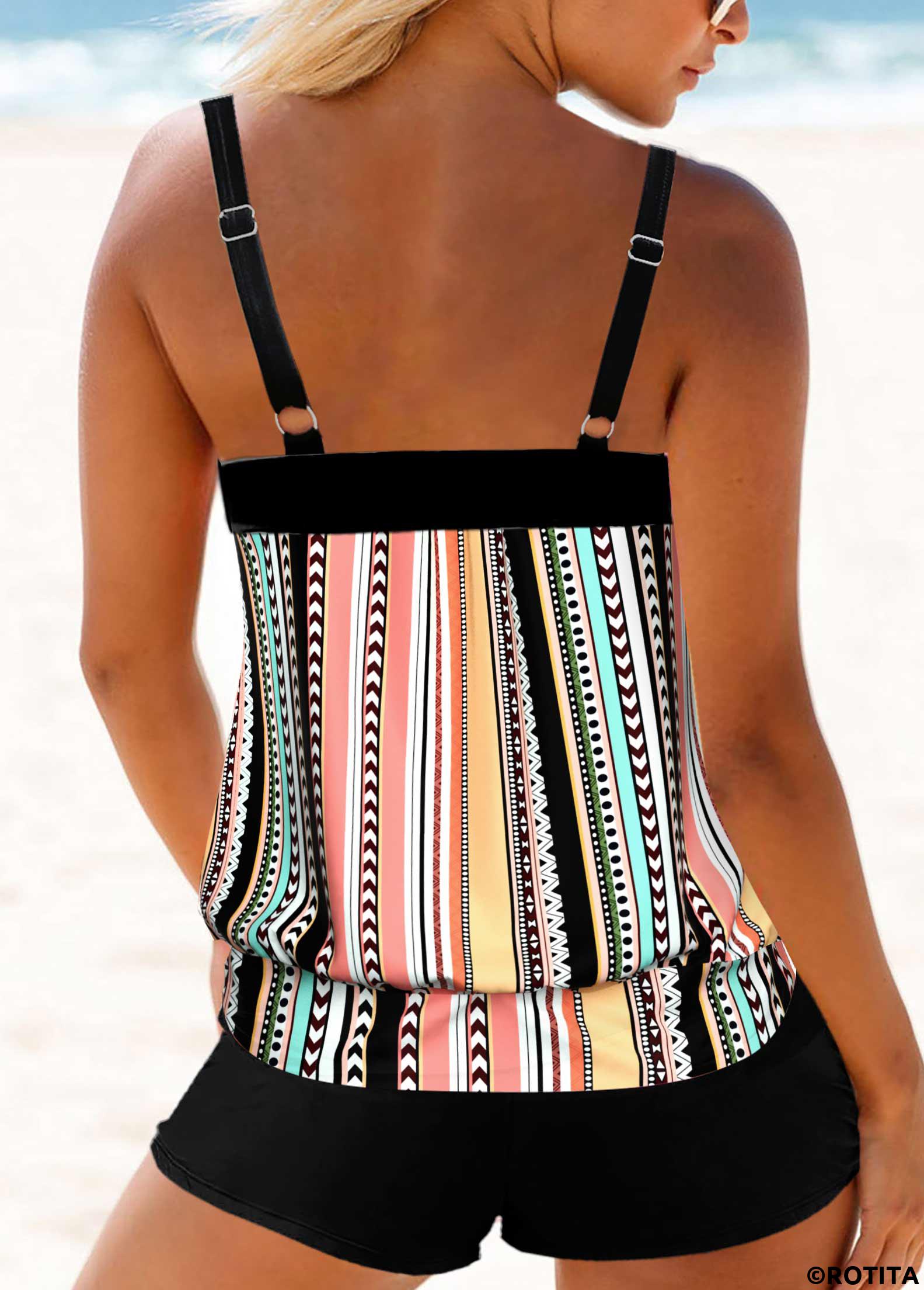 Multi Color swimwear,Rainbow Color swimwear,Striped swimwear,Dot swimwear,Geometric swimwear,ROTITA Multi Color Double Straps Tankini Top