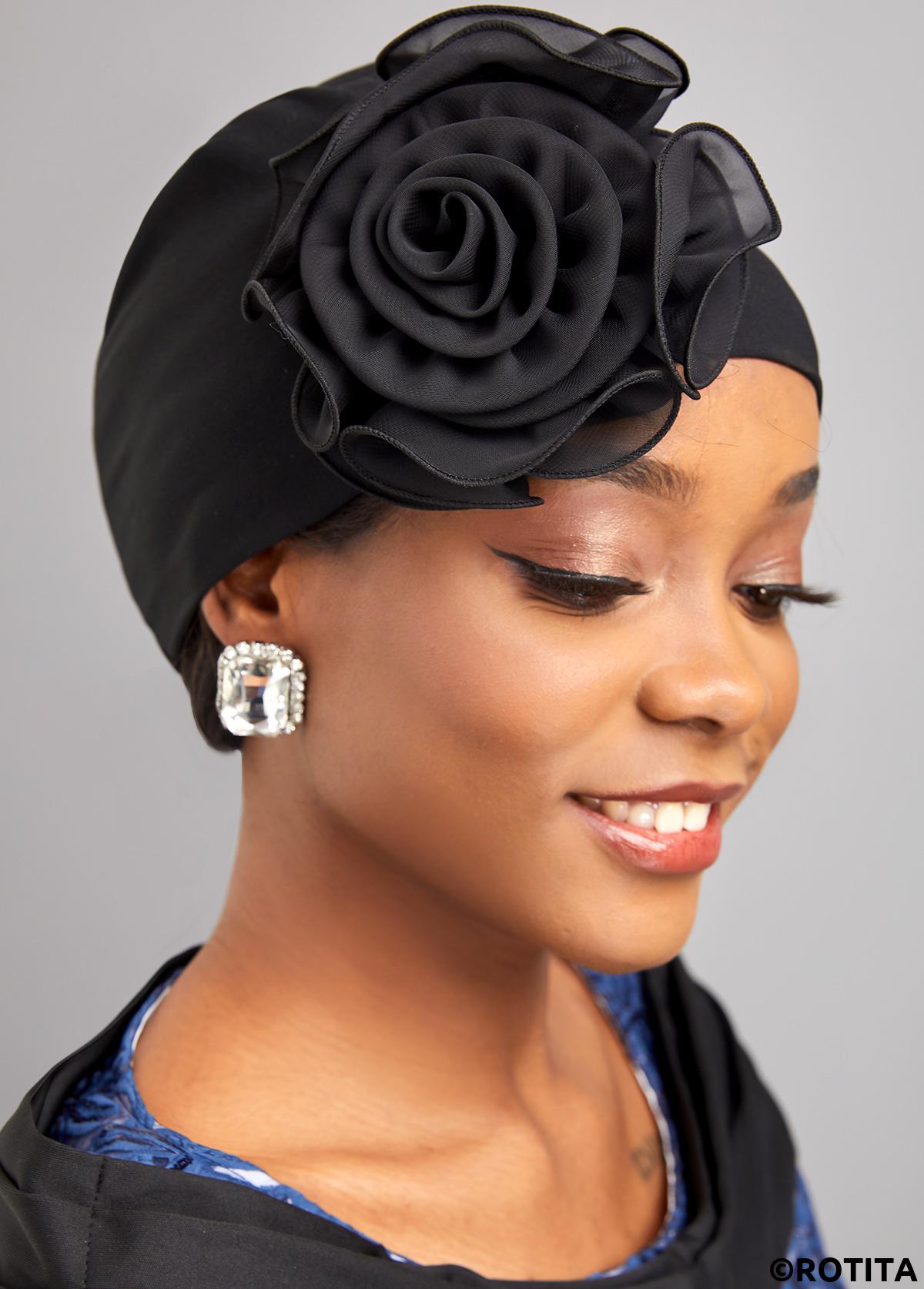 Black accessories,Plain Color accessories,Stereo Flower Design Black Turban Hat