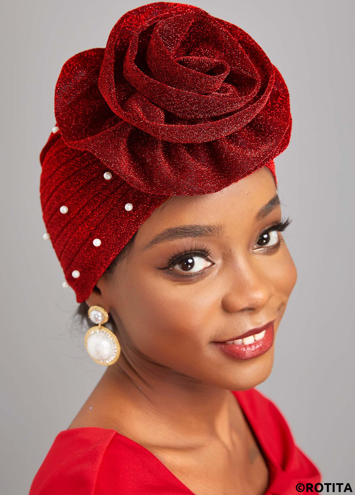 Wine Red accessories,Plain Color accessories,Pearl Flower Desin Wine Red Turban Hat