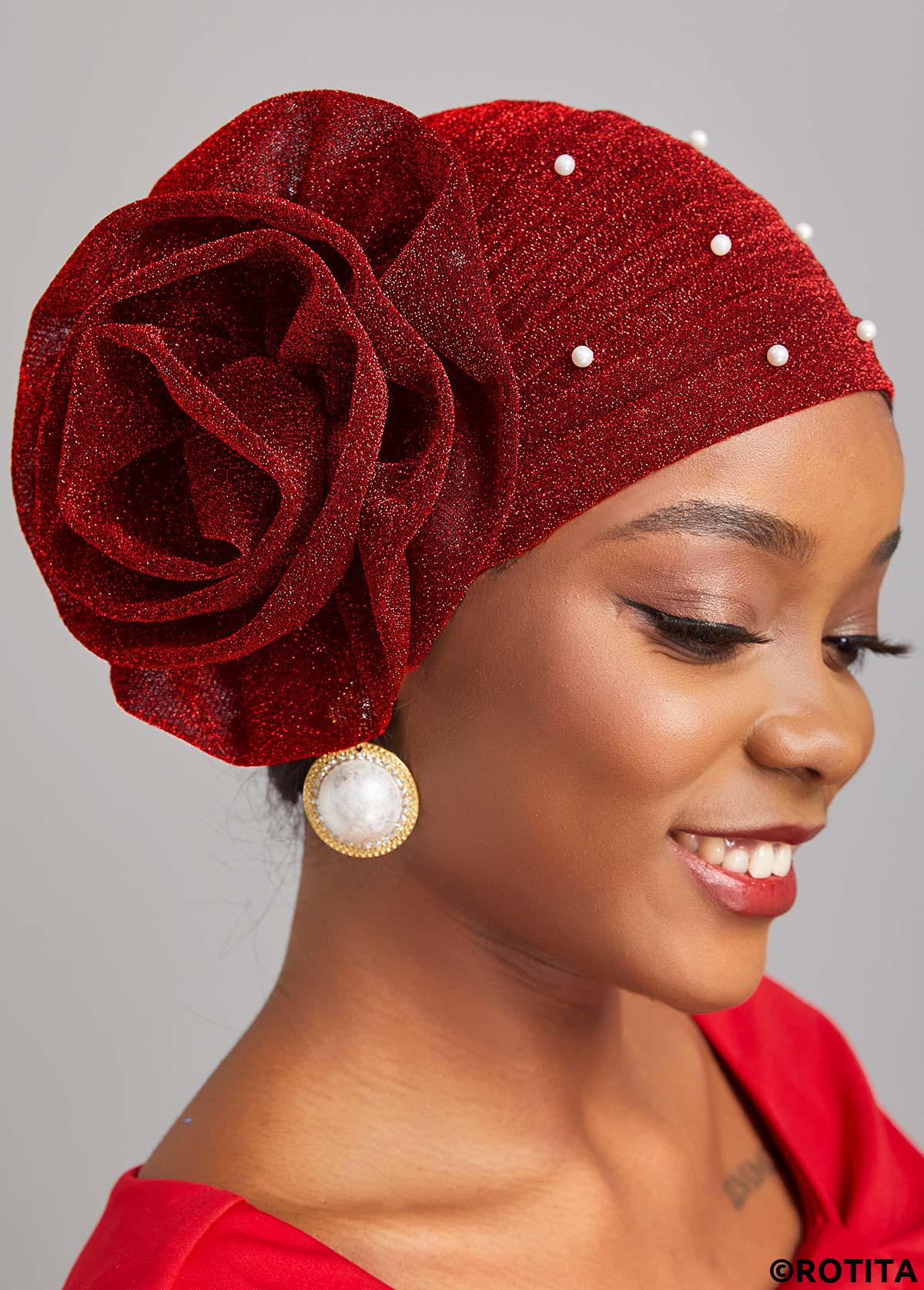 Wine Red accessories,Plain Color accessories,Pearl Flower Desin Wine Red Turban Hat