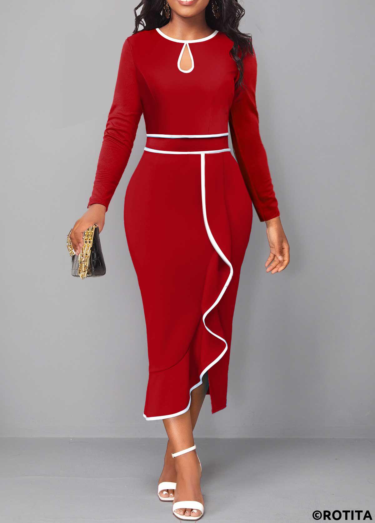 Red dresses,Plain Color dresses,Party dresses,Elegant dresses,ROTITA Contrast Binding Red Round Neck Bodycon Dress