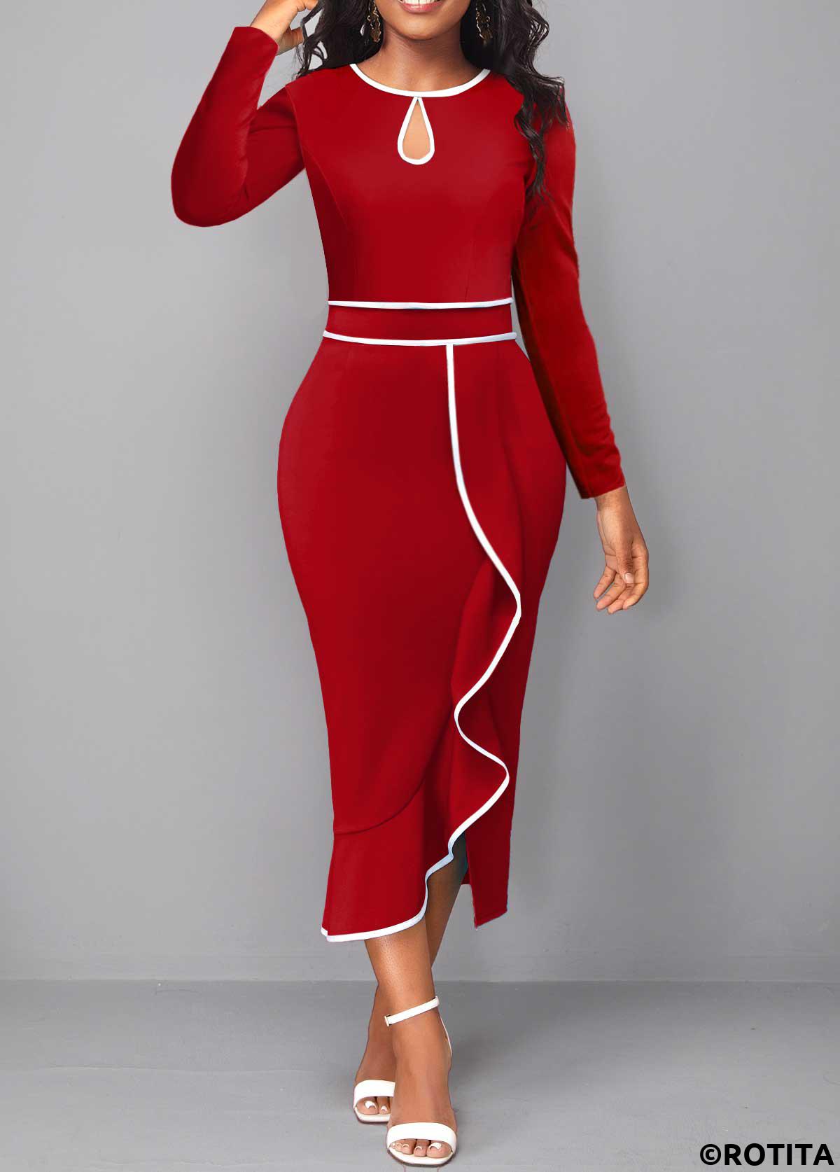 Red dresses,Plain Color dresses,Party dresses,Elegant dresses,ROTITA Contrast Binding Red Round Neck Bodycon Dress