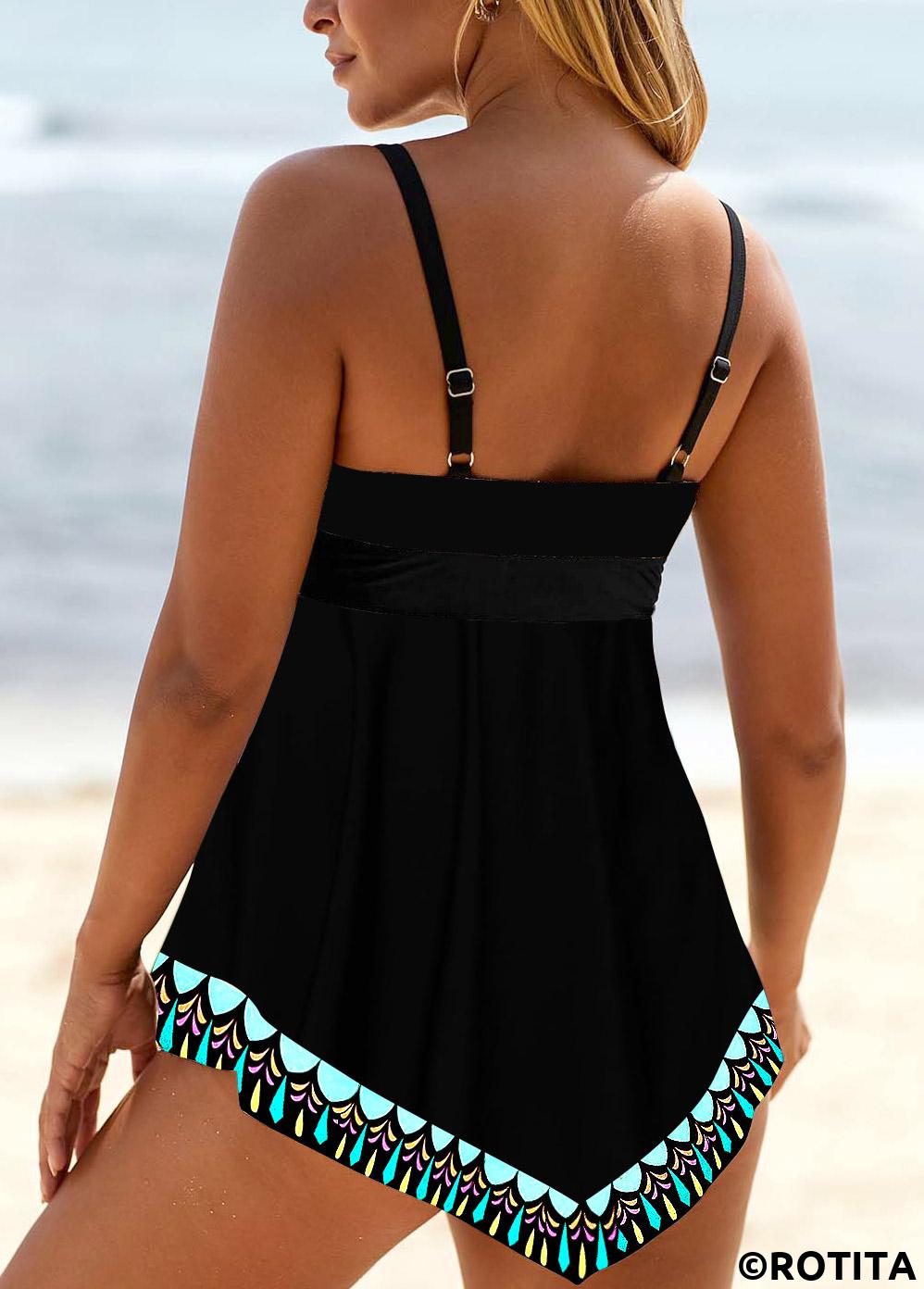 Black swimwear,Tribal swimwear,ROTITA Lace Up Black Tribal Print Swimdress Top